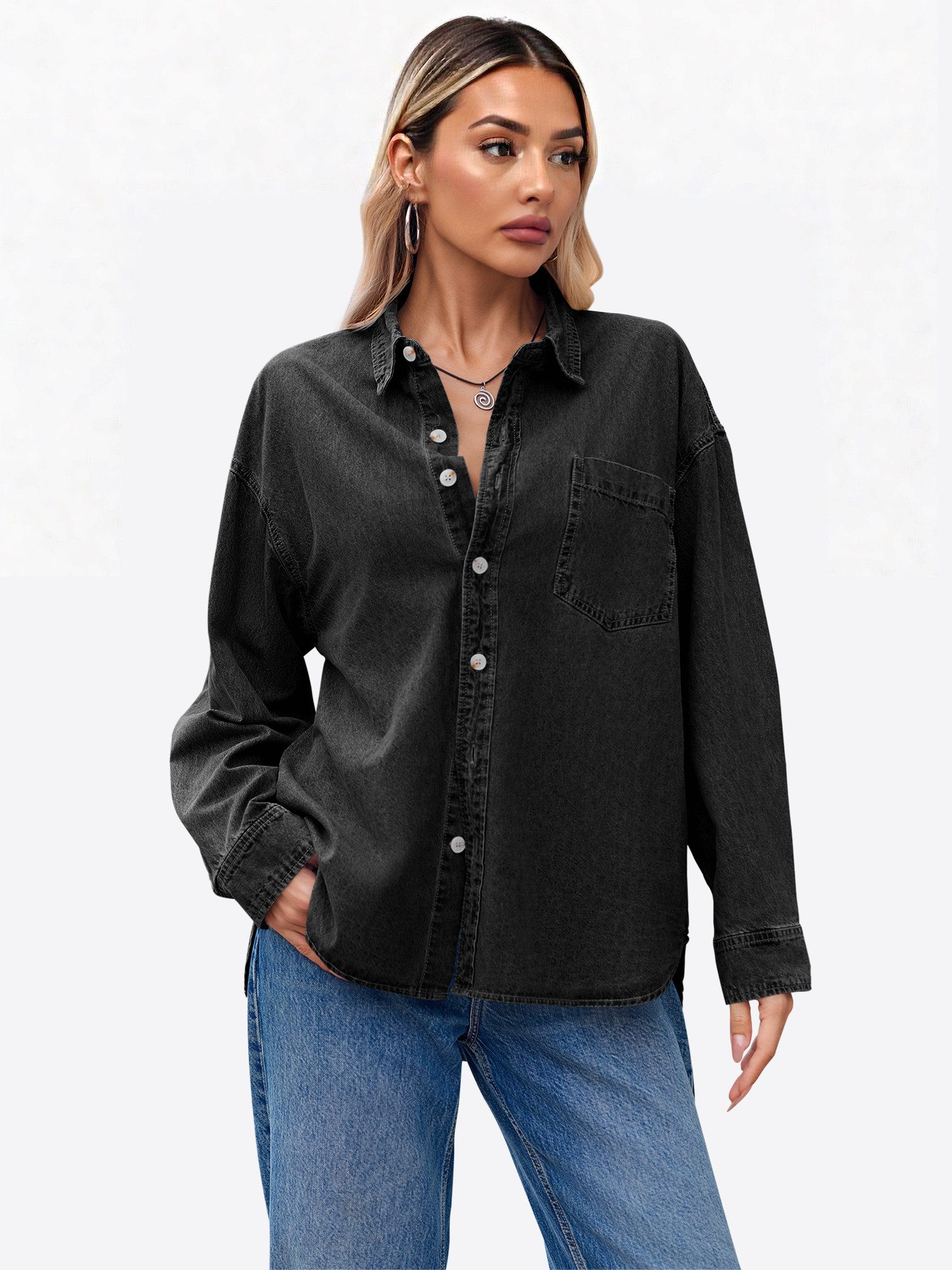 Imily Bela Jeansbluse Damen Lässig Boyfriend Jeansjacke Denim Oberteil (Packung, 1-tlg., 1per-Pack) aus Baumwolle in Unifarbe – Bild 4 von 5