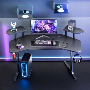 LETGOSPT Gamingtisch Gaming Schreibtisch Computertisch 160cm, Schmetterlingsform Gamer Desk, Ergonomischer Gamer Desk mit Kopfhörerhake Getränkehalter Audioständer