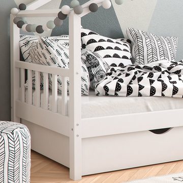 VitaliSpa® Kinderbett Hausbett Kinderhaus 90x200 DESIGN Weiß Schublade