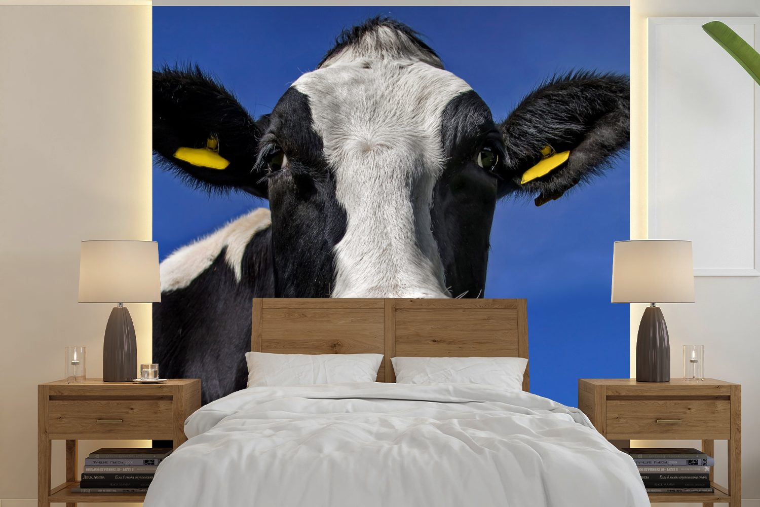 MuchoWow Fototapete Kuh - Blau - Tiere, Matt, bedruckt, (5 St), Vinyl Tapete für Wohnzimmer oder Schlafzimmer, Wandtapete