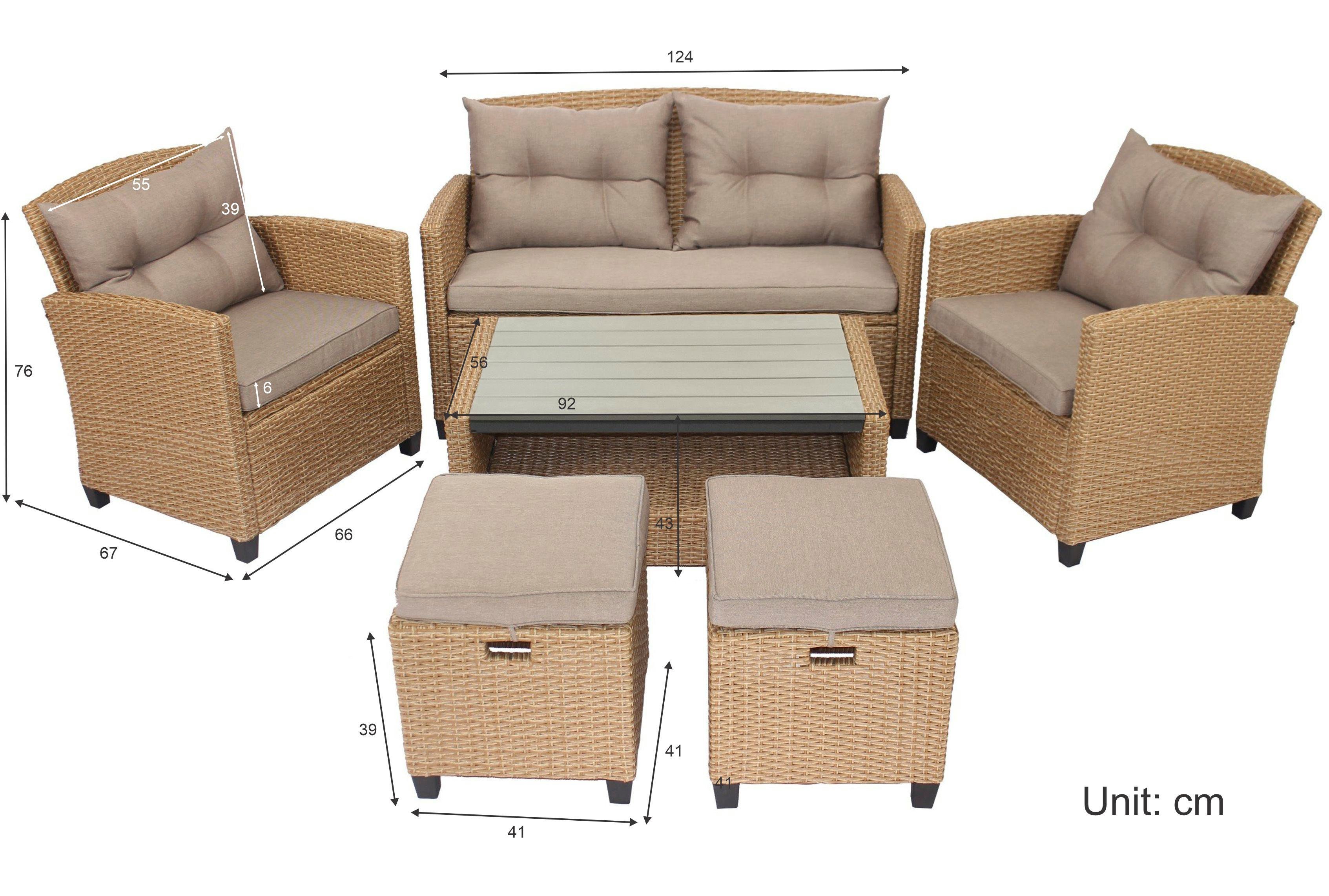 KONIFERA Gartenlounge-Set Lorca, (Set, 16-tlg., 2xSessel,2er Sofa,1xTisch 90x55x42,5cm,2x Hocker inkl. Auflagen, Stahl), Polyrattan, Ablagefläche unter dem Tisch, Tischplatte aus Nonwood
