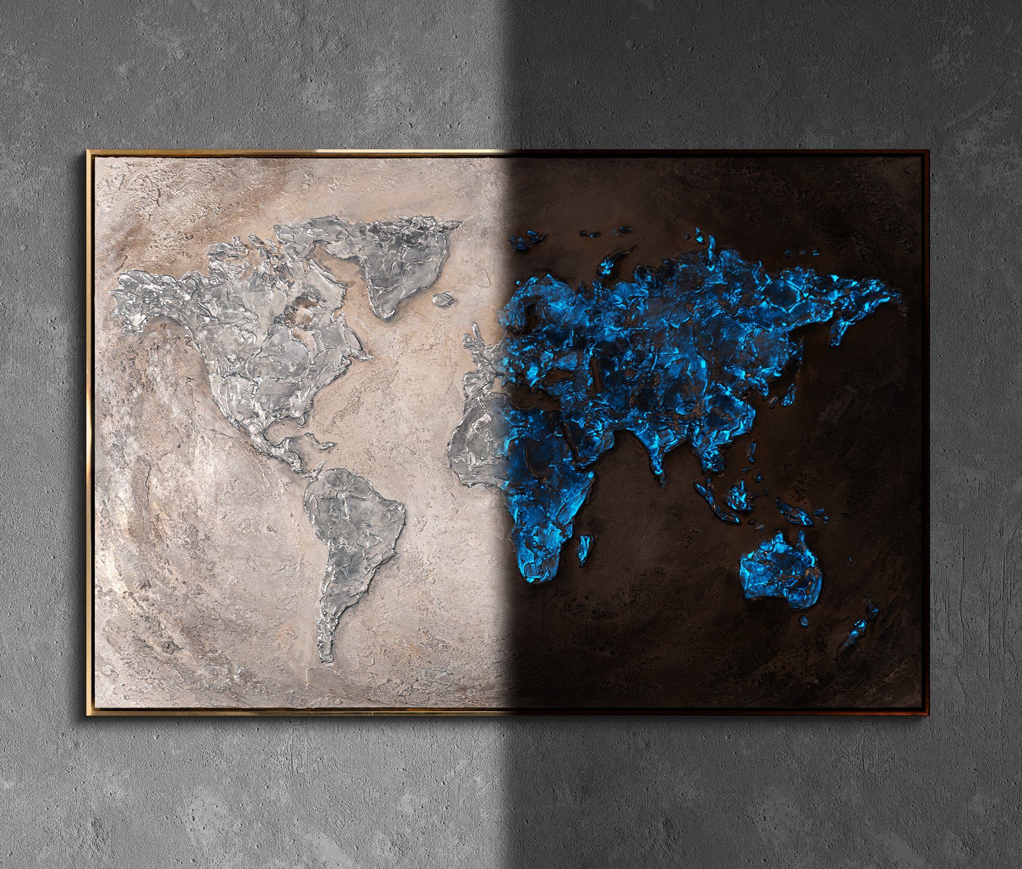 YS-Art Gemälde Welt auf Leinwand, Karte Mit Rahmen in Gold
