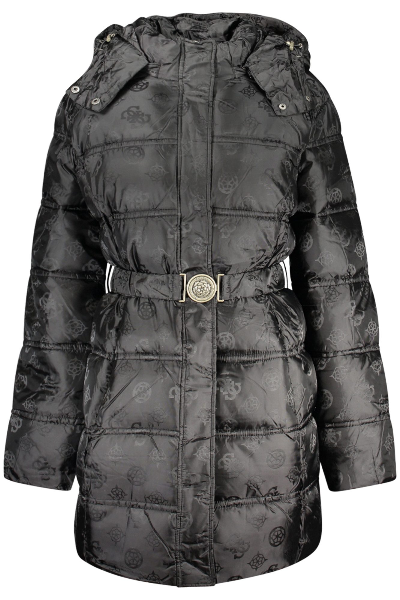 GUESS JEANS Outdoorjacke Damenjacke Schwarz: Lange, Wasserabweisende Jacke mit Kapuze & Gürtel
