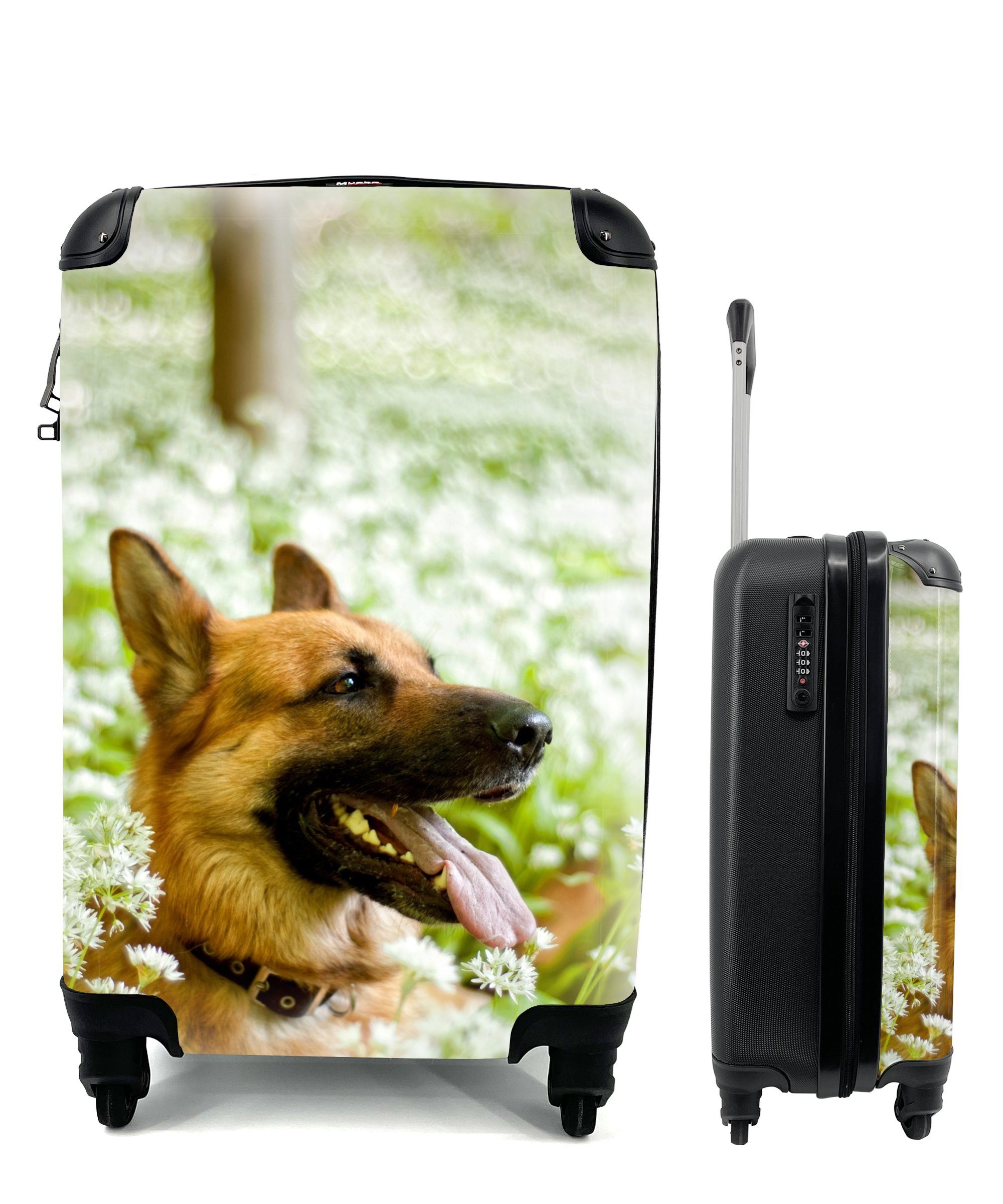 MuchoWow Handgepäckkoffer Deutscher Schäferhund sitzt inmitten der weißen Blumen, 4 Rollen, Reisetasche mit rollen, Handgepäck für Ferien, Trolley, Reisekoffer
