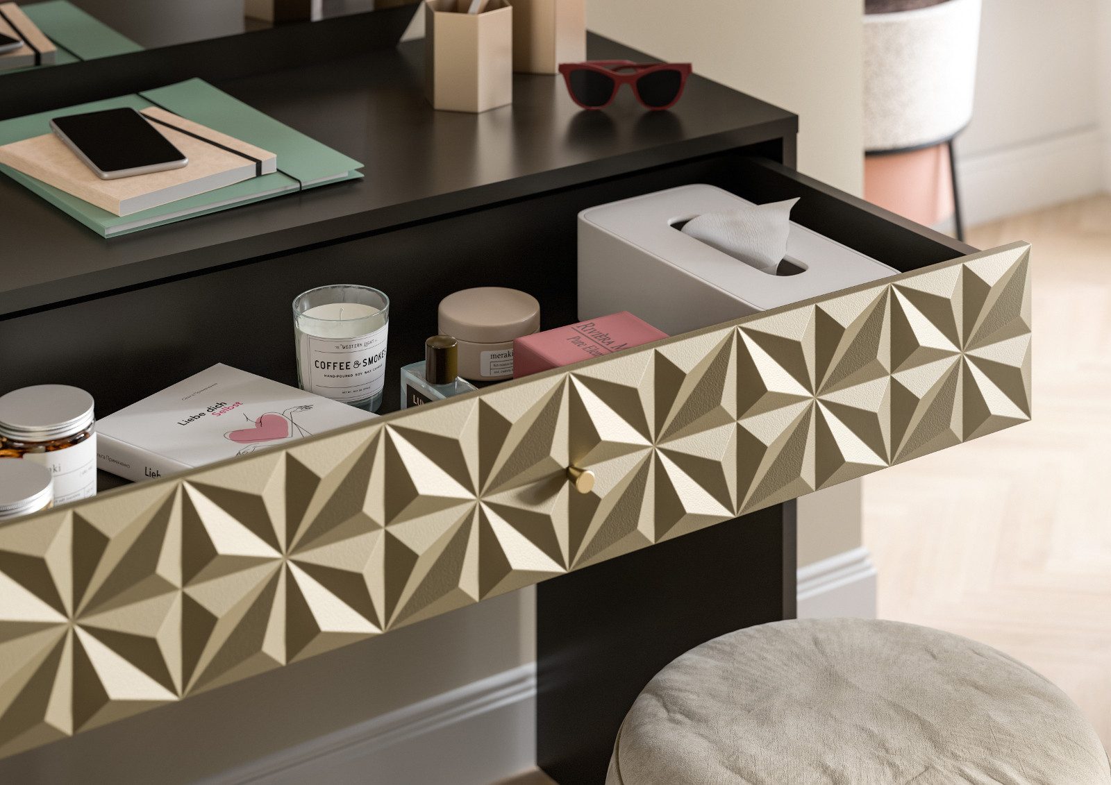 Inn.Furn Schminktisch Relief (Frisiertisch in schwarz und Gold mit Spiegel und Schublade, 90 x 133 cm), glänzende 3D-Front