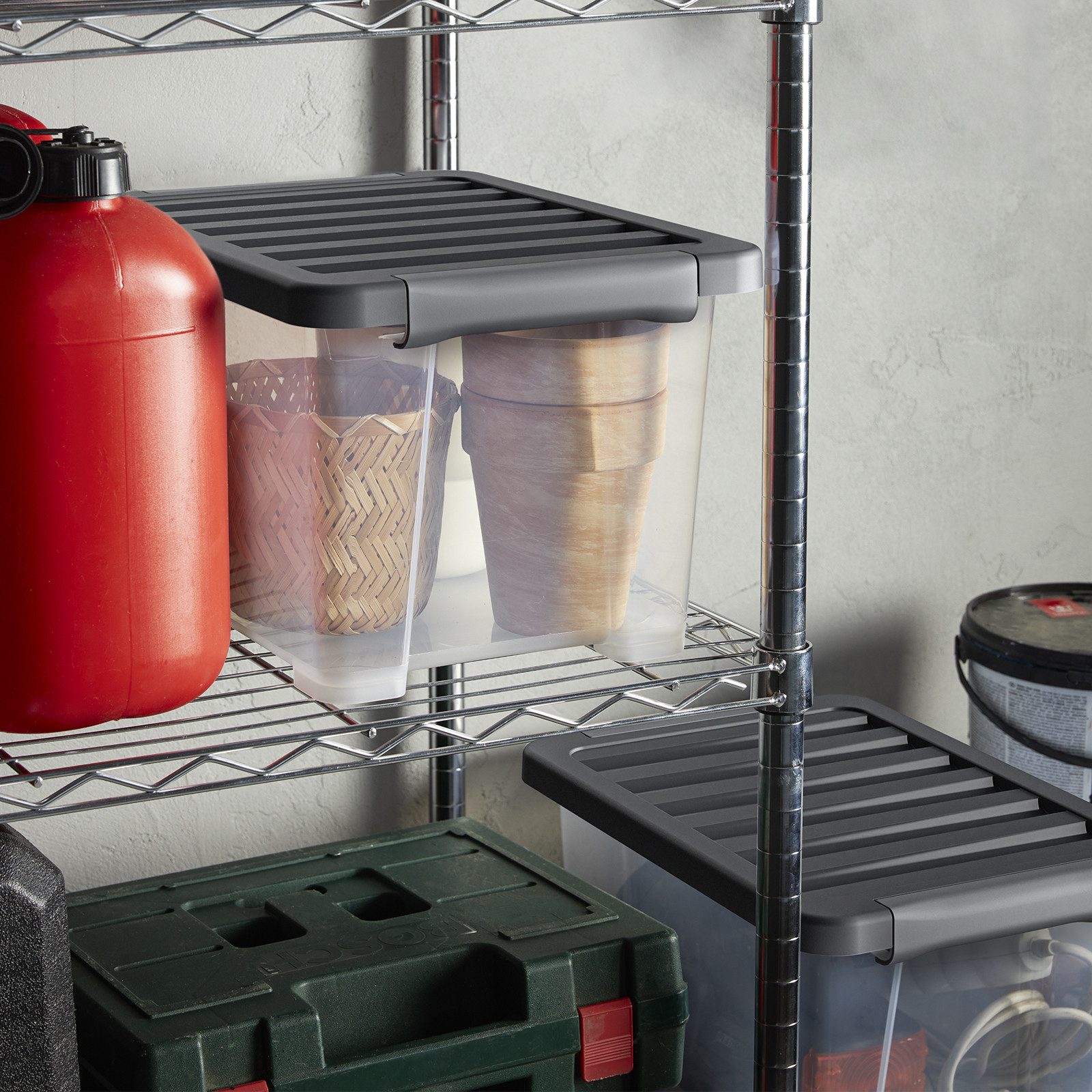 ROTHO Aufbewahrungsbox 4er-Set CORE PLUS 15 L stapelbare Box mit Deckel (Lagerboxen-Set, 4er-Set), Lagerbox ideal für Spielzeug, Vorräte und Haushaltsartikel