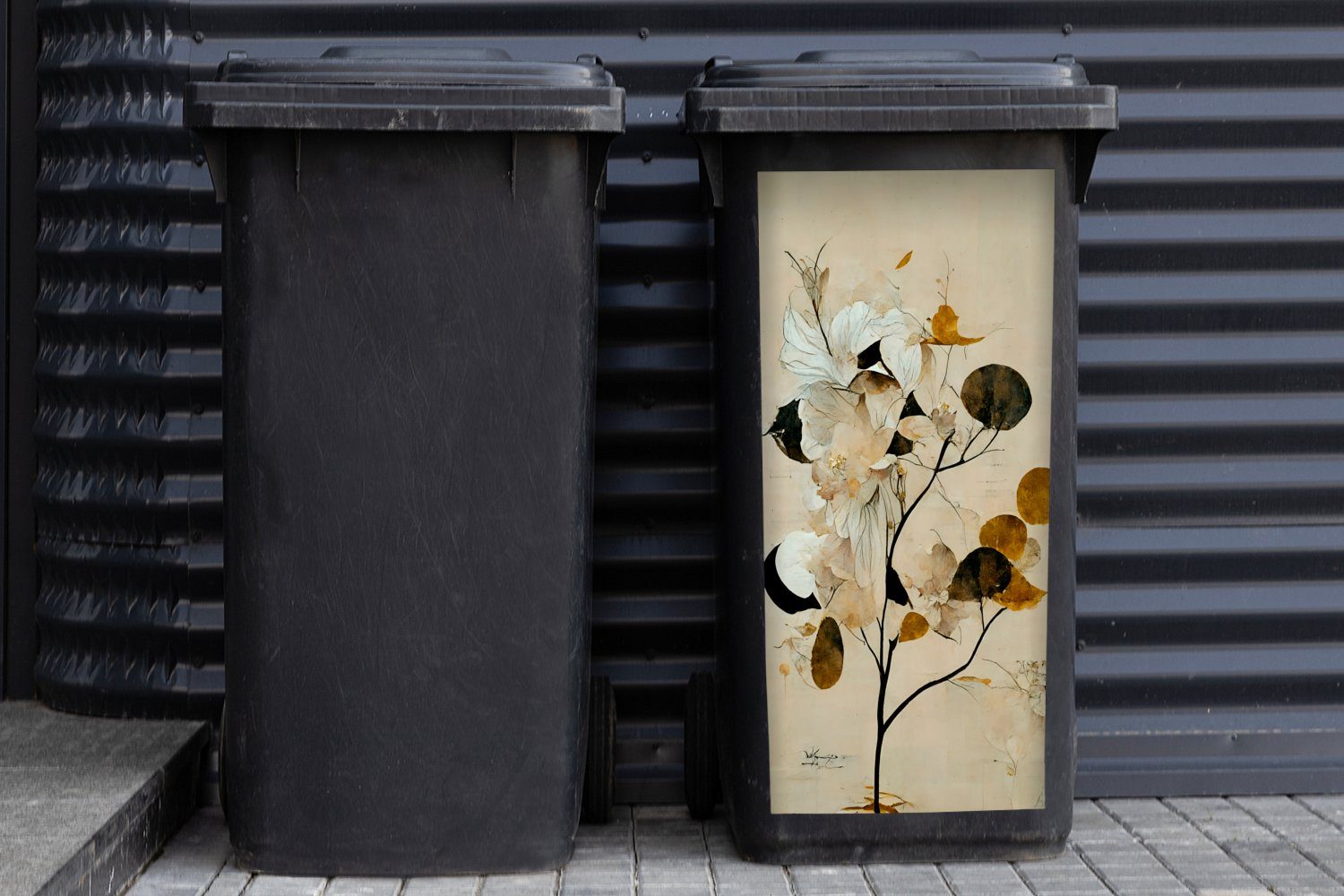 MuchoWow Wandsticker Blumen - Pastell Mülltonne, Baum Abfalbehälter - Container, Sticker, Blätter - (1 Mülleimer-aufkleber, St)