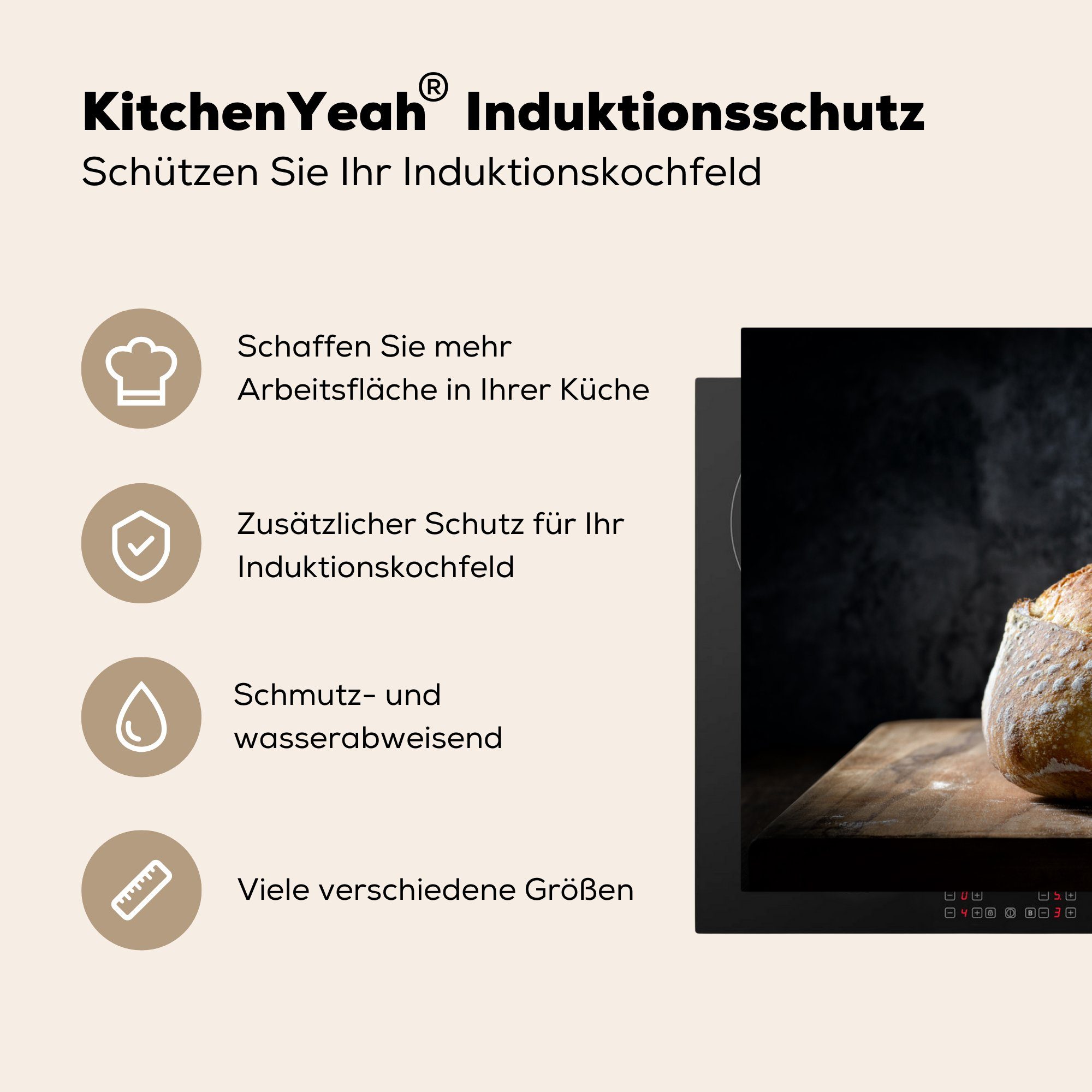 küche, Herdblende-/Abdeckplatte MuchoWow Brot, Vinyl, (1 die tlg), Induktionskochfeld Holz 81x52 Schneidebrett - cm, Ceranfeldabdeckung für - Schutz