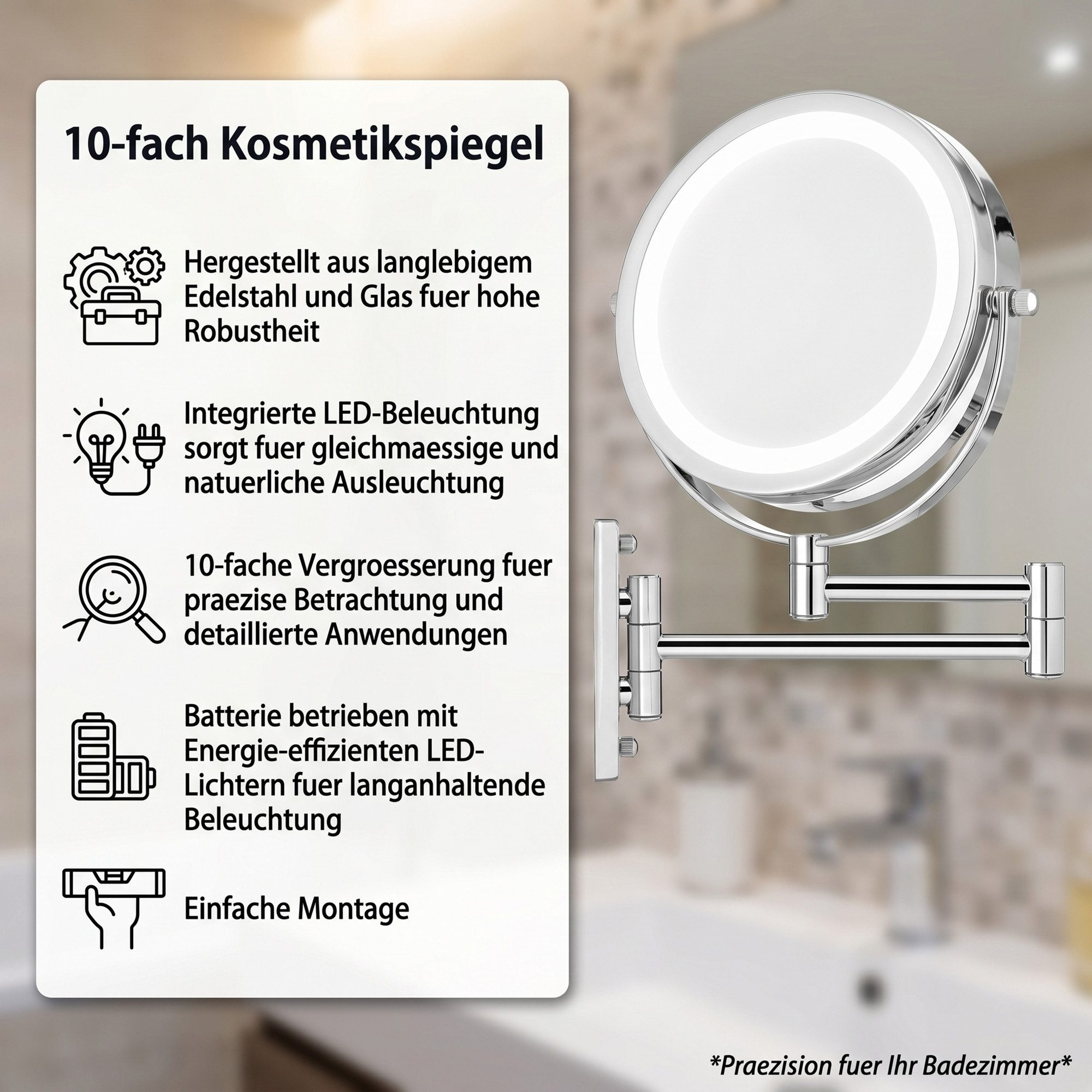 Mucola Kosmetikspiegel LED Schminkspiegel Kosmetikspiegel Vergrößerungsspiegel Wandspiegel (Stück, 1-St., Spiegel), Led, 10-fach Vergrößerung
