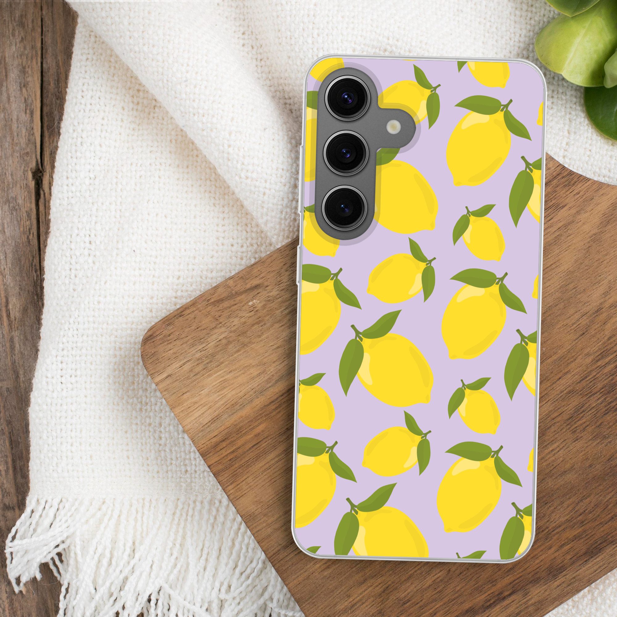 MuchoWow Handyhülle für Samsung Galaxy S24 Muster Zitronen - Gelb - Lila - Muster - Frücht, Phone Case, Silikon, Schutzhülle Dünn