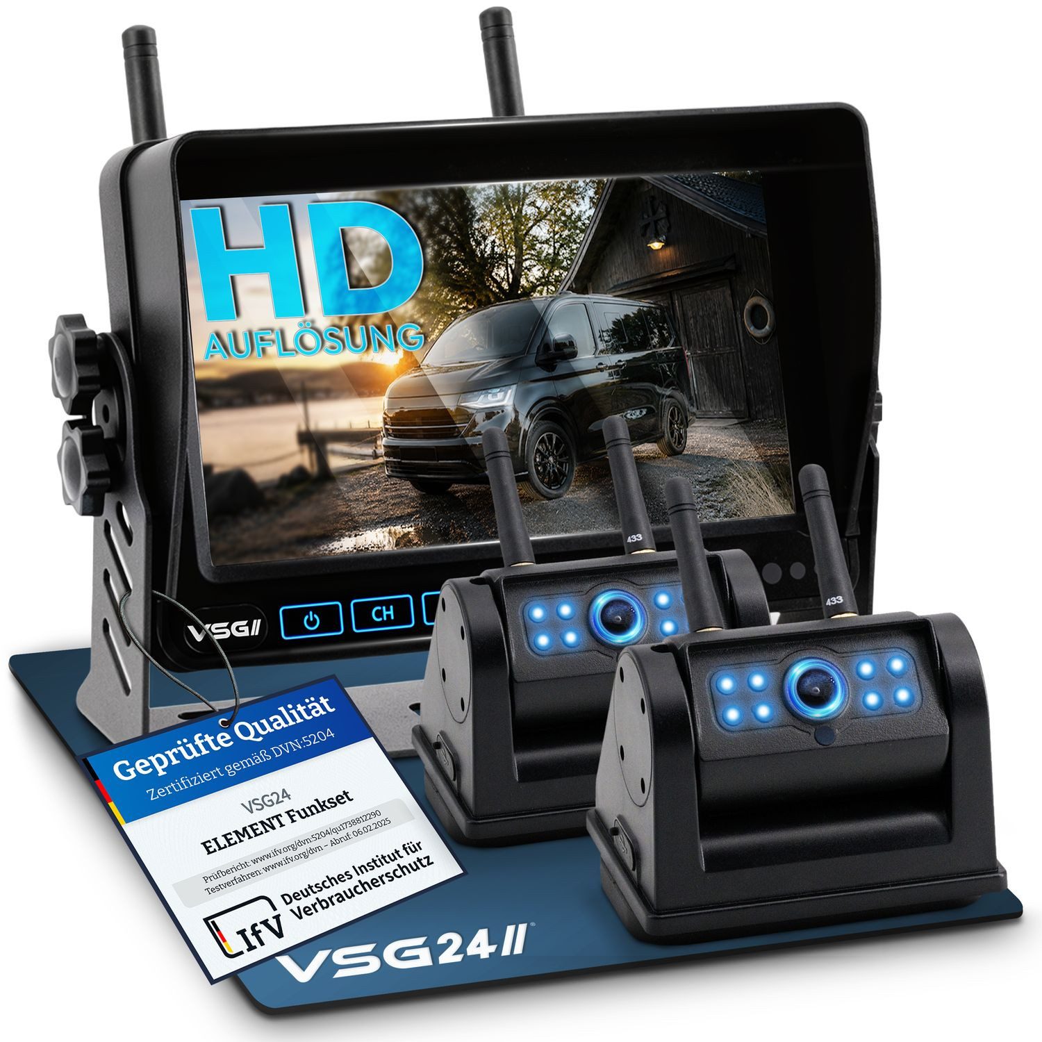 VSG24 7“ Funk Rückfahrsystem ELEMENT HD mit AKKU & Magnet, Monitor mit 2 x Rückfahrkamera (2,4 GHZ Digital Funk, Reichweite 21 Meter für Pferdeanhänger Wohnmobil)
