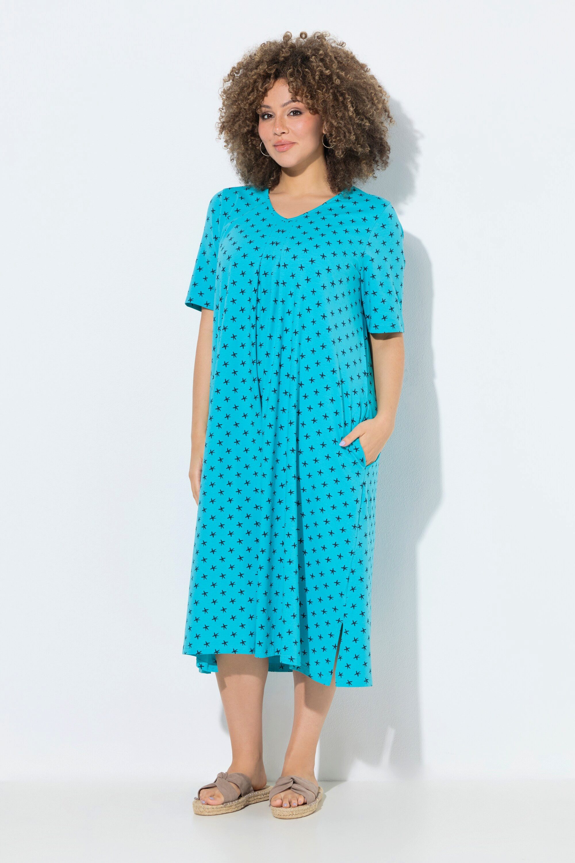 Ulla Popken Jerseykleid Midikleid Sterne V-Ausschnitt Halbarm Taschen