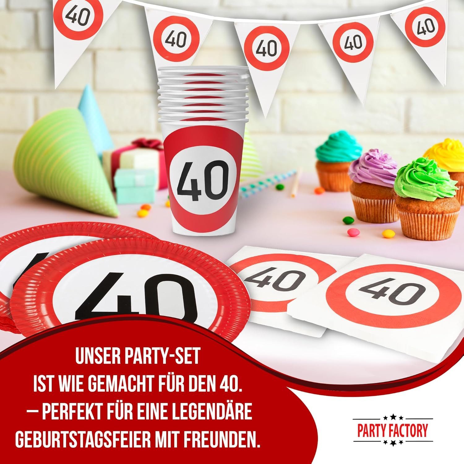 Party Factory Geschirr-Set Happy Birthday 40 Jahre Partyset Teller Becher Servietten Wimpelkette, 8 Personen, Verkehrsschilder Design - Fest mit Stil und Humor