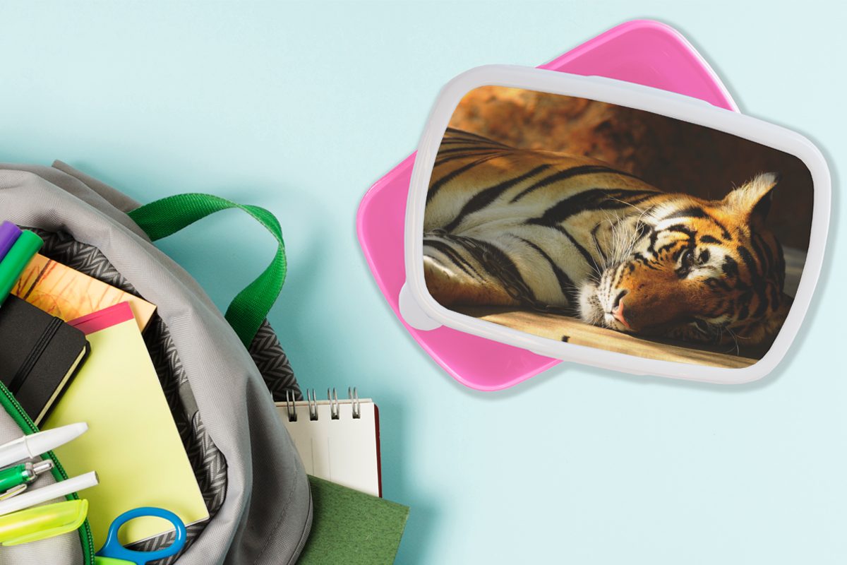 MuchoWow Lunchbox Tiger - Tiere (2-tlg), rosa - Erwachsene, Brotbox Kunststoff Brotdose Mädchen, Kinder, Snackbox, Ruhe, für Kunststoff