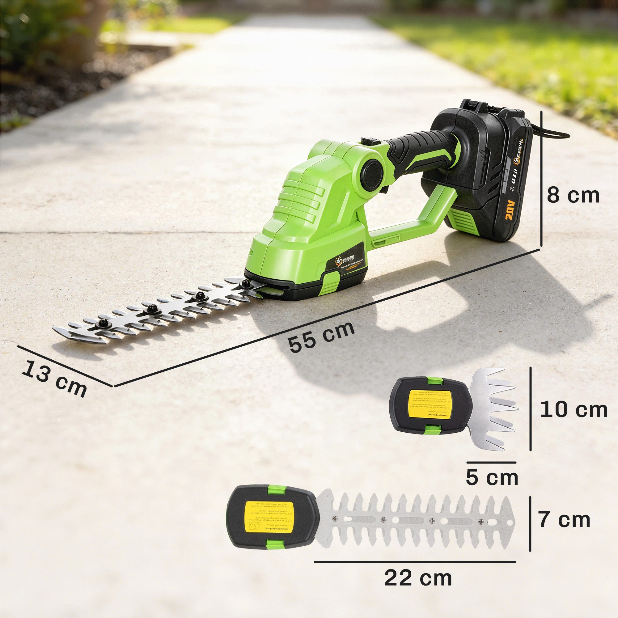 Outsunny Elektro-Heckenschere 2-in-1 Akku Heckenschere mit 20/10cm Schnittlänge, 18V 2,0Ah, (Hecken & Strauchschere, 4 St., Heckenschneider), für Äste, Sträucher, Zweige, Grün