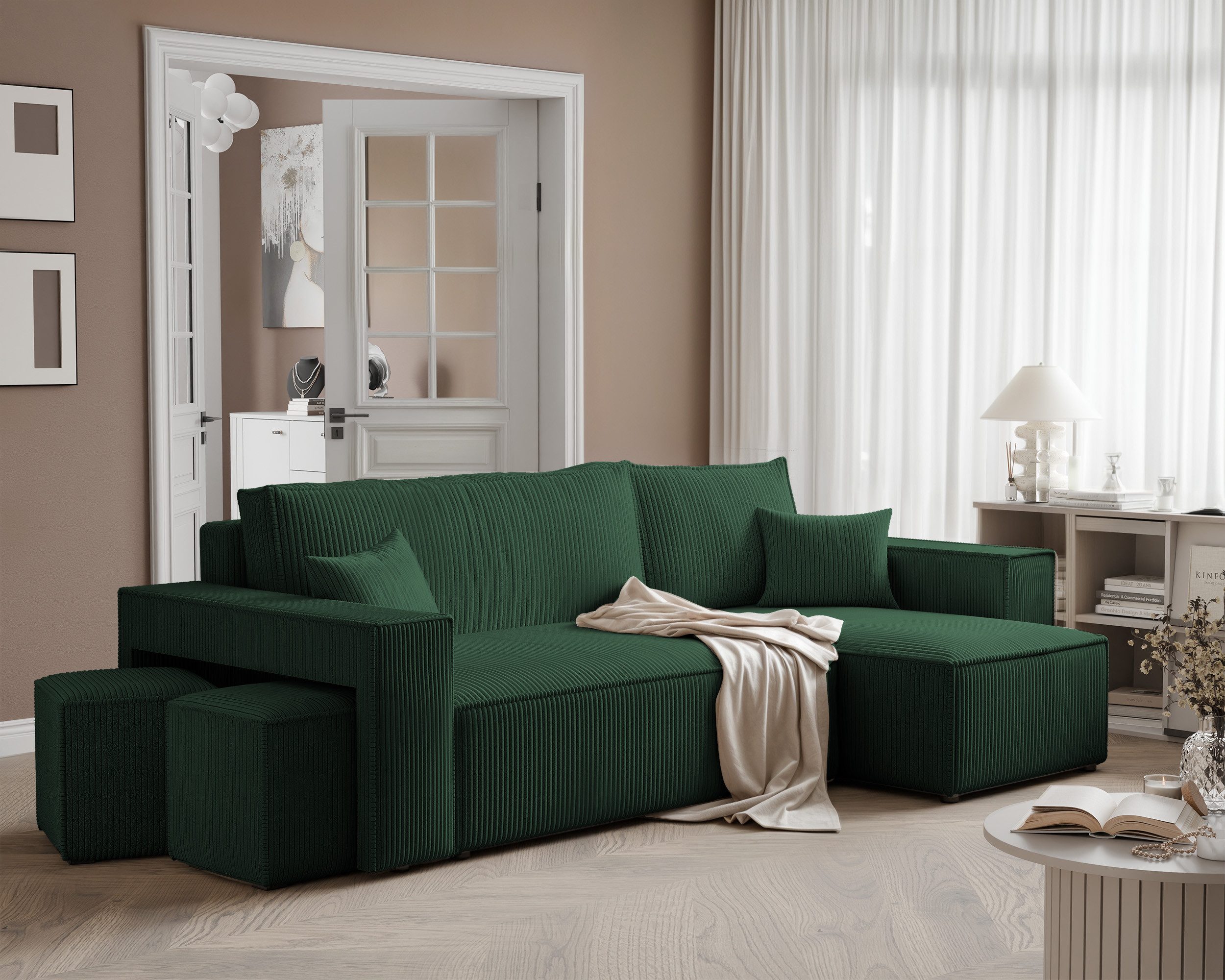 yourhouse24 Ecksofa PARIS in L-Form inkl. 2 Hocker – Schlaffunktion & Bettkasten, mit Schlaffunktion und Bettkasten, Seite universal