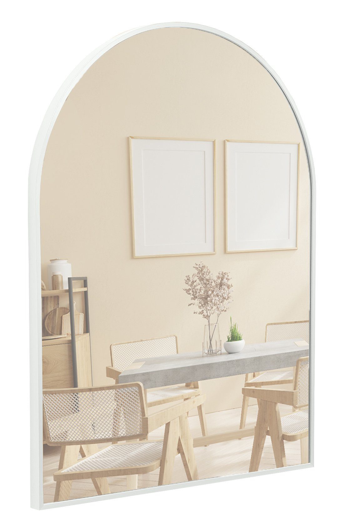 Terra Home Wandspiegel (weiß Spiegel Schminkspiegel, inklusive Schrauben und Dübel), Badezimmerspiegel Flurspiegel 60x80 Metallrahmen Bogenform weiß | weiß