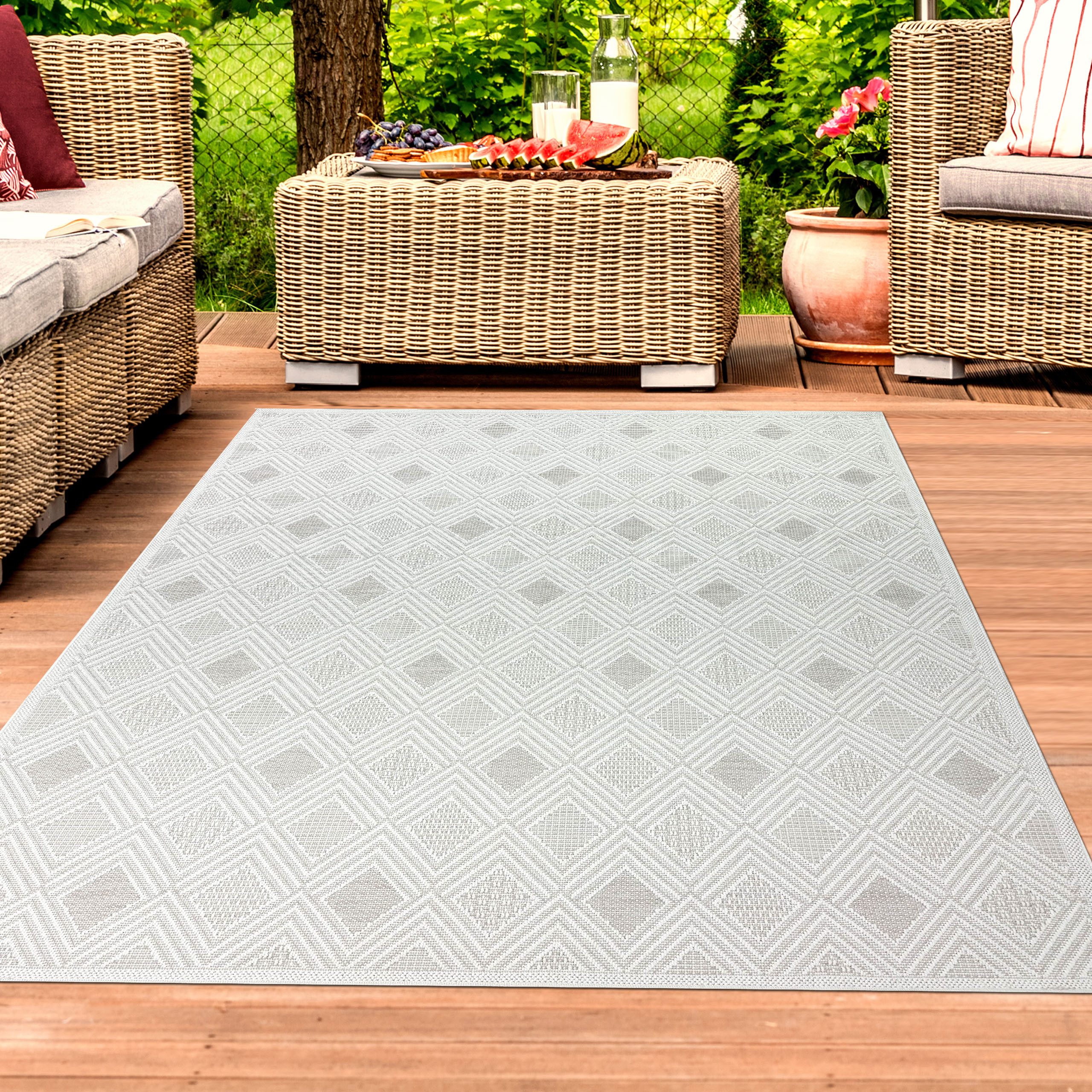 TeppichHome24 Outdoorteppich Outdoorteppich mit verschiedenen gemusterten Rauten in Creme, XXXX