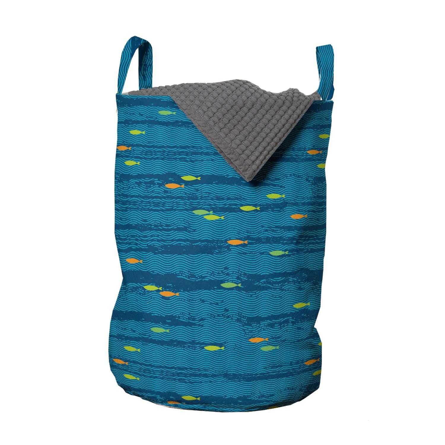 Abakuhaus Wäschesäckchen Wäschekorb mit Griffen Kordelzugverschluss für Waschsalons, Nautisch Minimal Fisch Waves