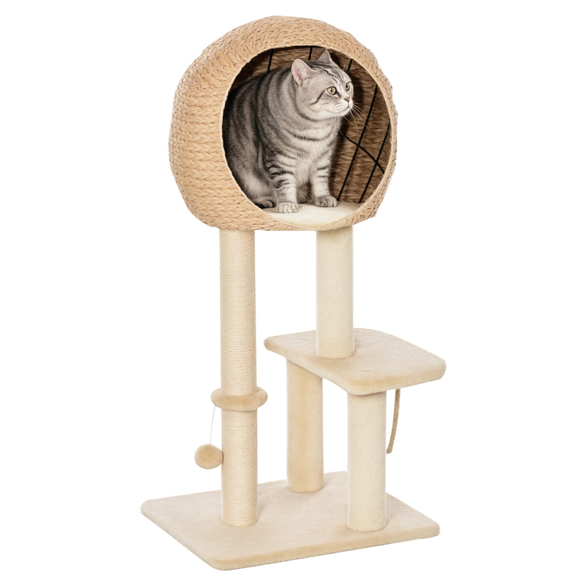PawHut Kratzbaum Kätzchen Möbel mit Katzenhöhle Ballspielzeug, Sisal weiche Plüsch Höhe 100 cm Beige