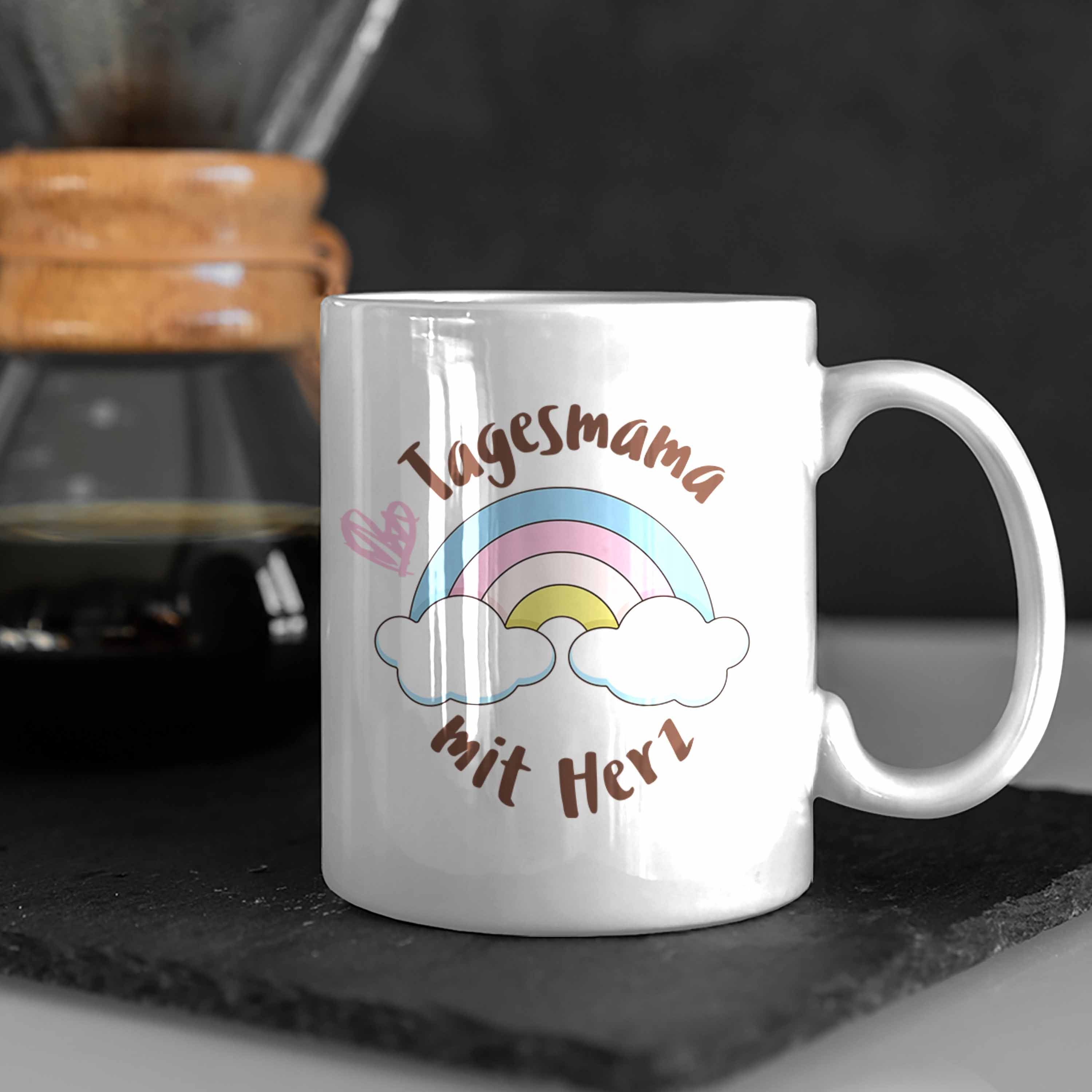 Tagesmama Weiss Erzieherin Herz Geschenk Tasse mit Tagesmutter Trendation - Geschenkidee Tasse Trendation Aufpasserin