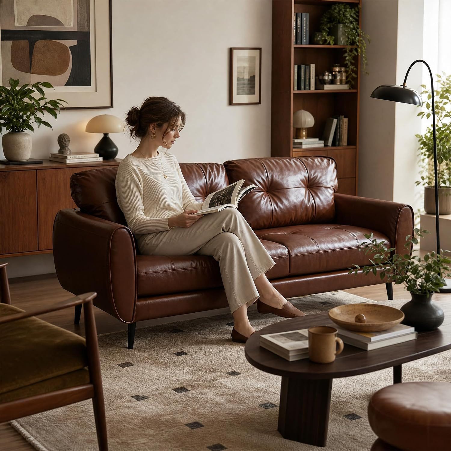 GRAVFORCE Sofa Prägunoserie Modern Kunstleder Braun für Wohnzimmer, 2 Teile, Büro Einfache Montage 146x72x77
