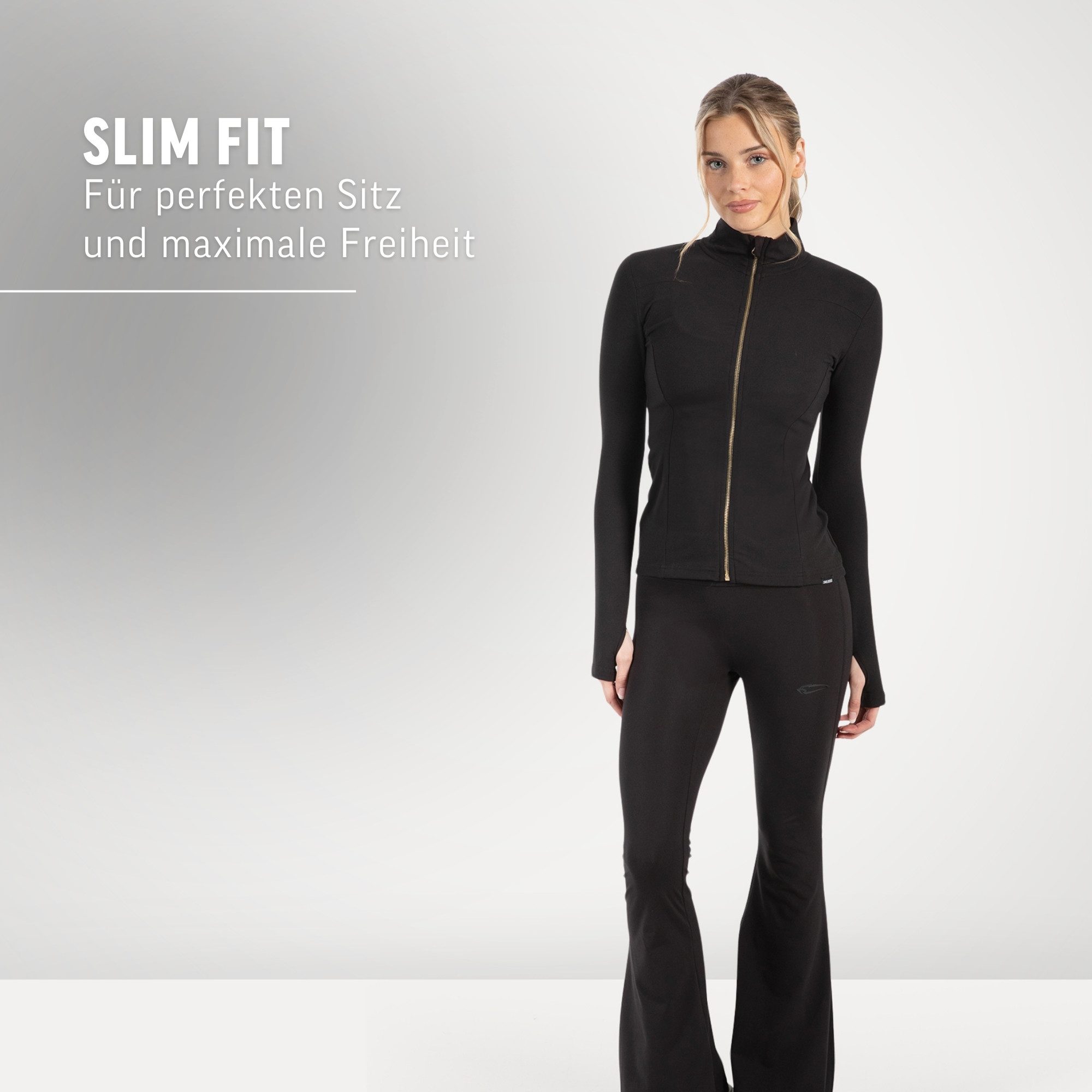 Smilodox Trainingsjacke Kenna Gold, Figurbetonte Sportjacke mit 3D Rubber Print, Stehkragen Goldener Reißverschluss formende Nähte atmungsaktive Laufjacke