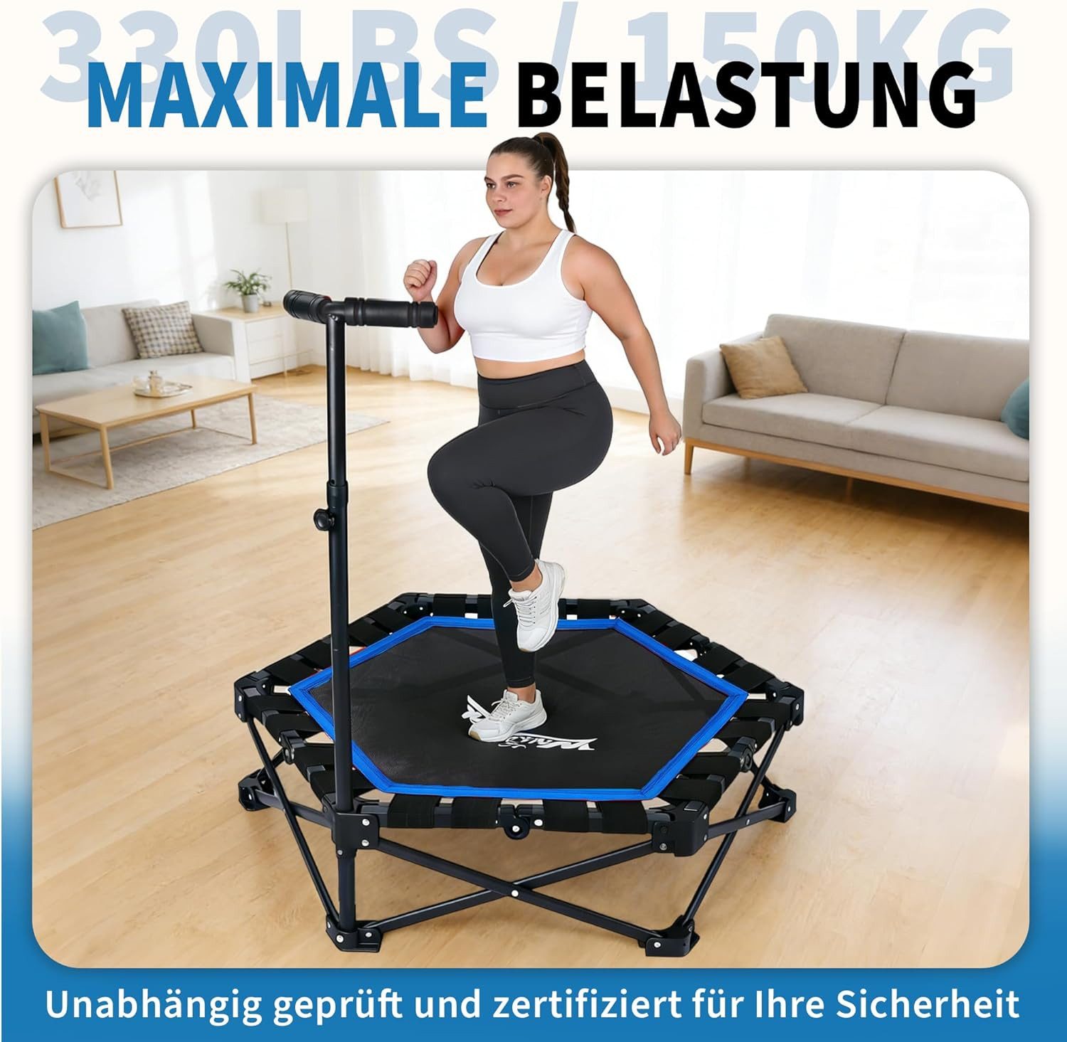 ZMH Fitnesstrampolin Trampolin Indoor Klappbar - mit Höhenverstellbarer Handgriff, Tragkraft 120 kg - Ø 86.5 cm - Jumping Trampolin Fitness
