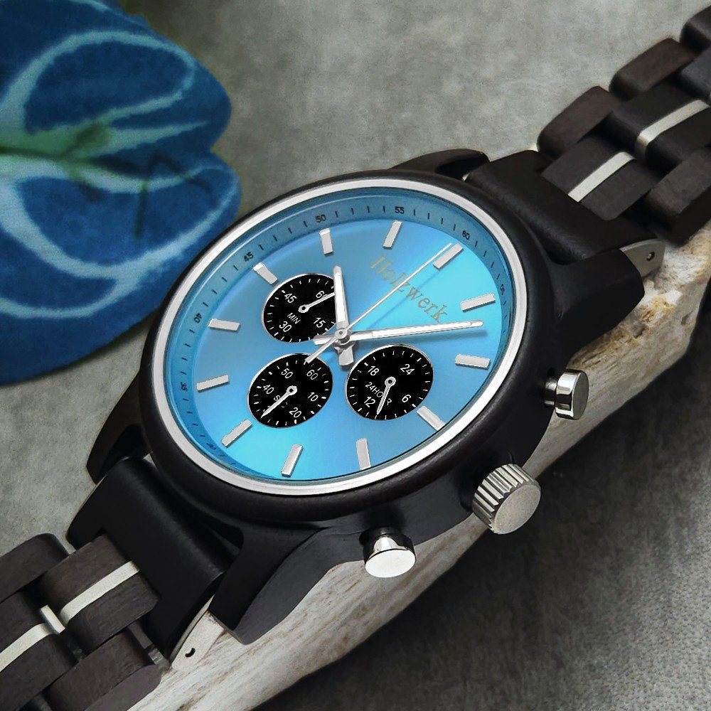 Armband Uhr, Holz Holzwerk Herren GERDEN schwarz, silber, Chronograph blau