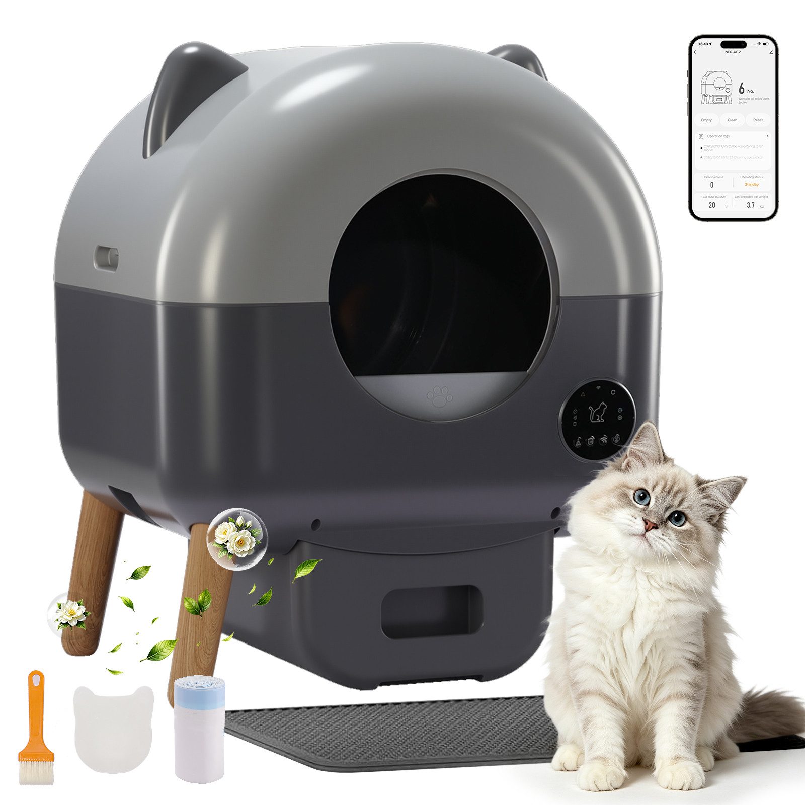 GTPLAYER Katzentoilette Katzenklo Selbstreinigend, 66L Automatisches Katzenklo, Mit App-Steuerung & Infrarotsensor, Anti-Einklemmung
