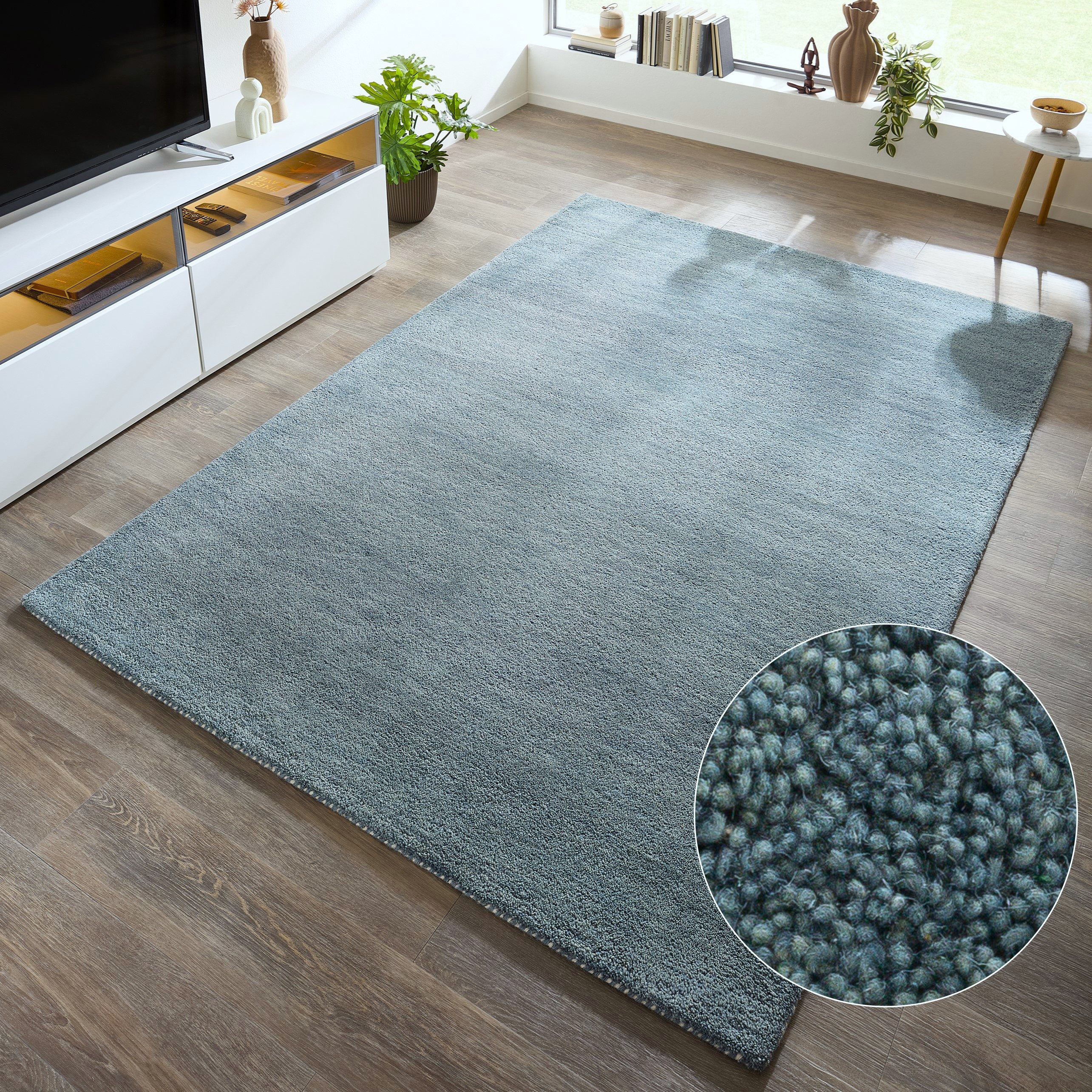 THEKO Wollteppich Gabbeh Uni, Handgefertigt, meliert, auch als Läufer erhältlich, Wolle, rechteckig, Höhe: 14 mm, Schlafzimmer, Wohnzimmer, Esszimmer, auch als Läufer oder rund