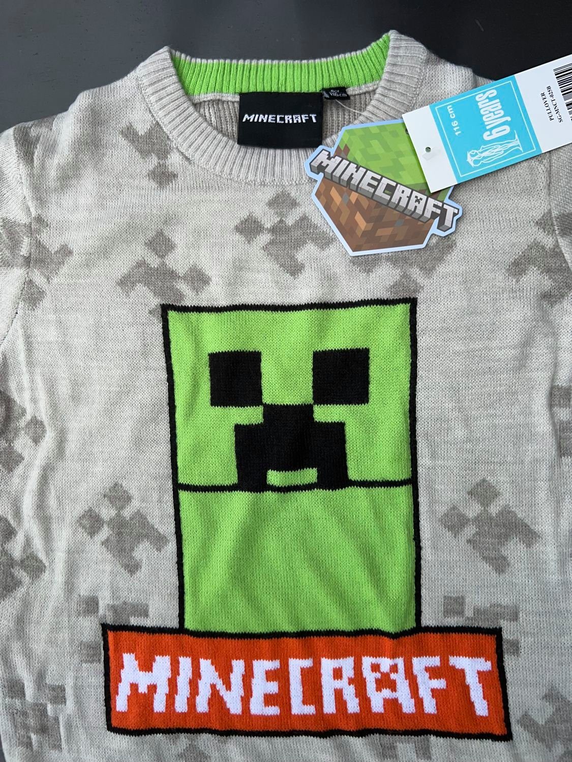 Minecraft Strickpullover MINECRAFT Kinder Pullover Pulli für Jungen + Mädchen in grau oder grün Gr. 116 128 134 140 152 für 6 8 9 10 12 Jahre