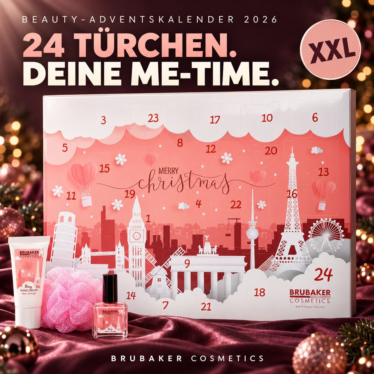 BRUBAKER Adventskalender XXL Beauty Weihnachtskalender - Städte Wahrzeichen - Körperpflege (Pflege Produkte & Spa Accessoires, 24-tlg), Wellness Kalender Weihnachten für Frauen und Mädchen - Rosa