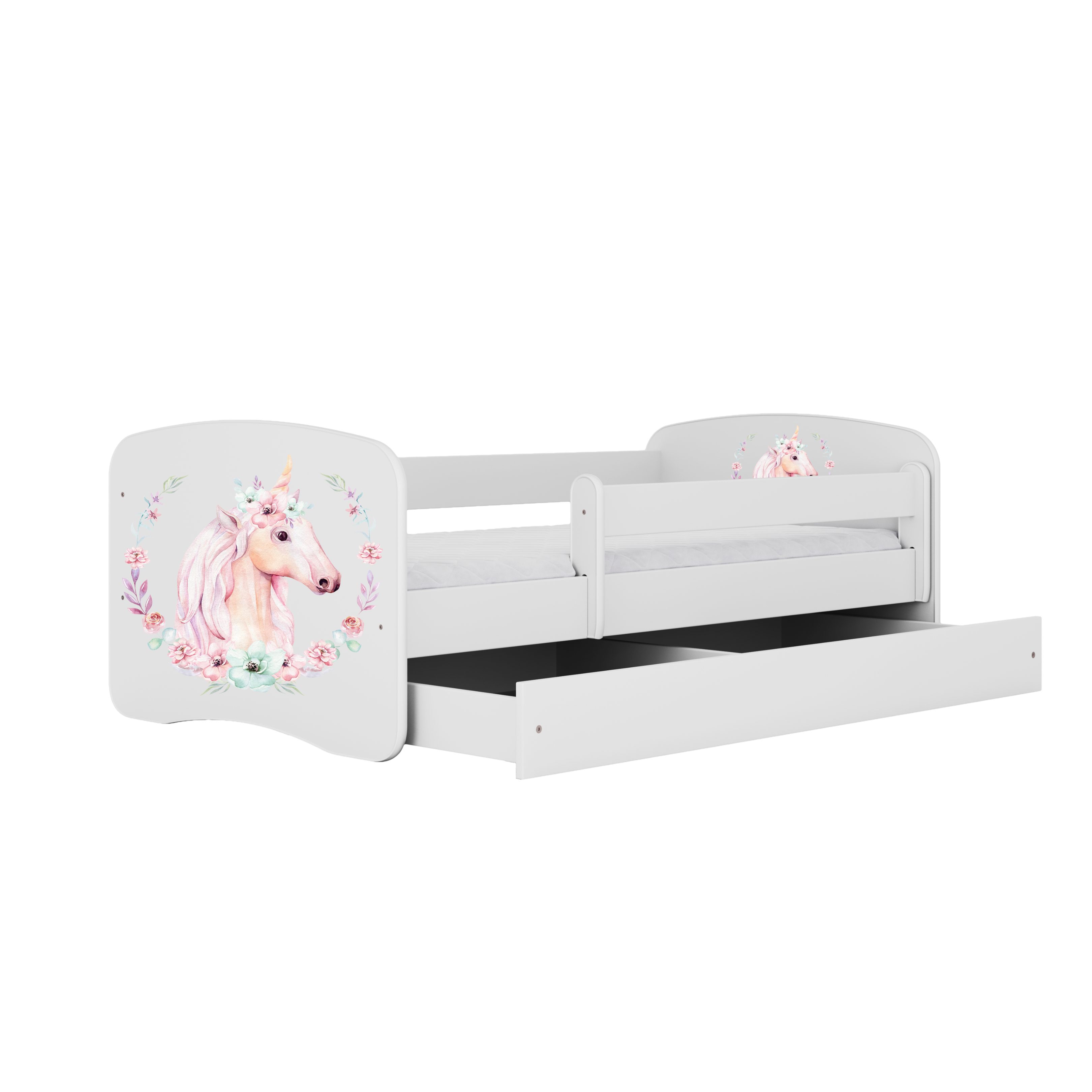Raumhirsch Furniture Kinderbett 70x140, 80x160, 80x180 cm - Komplettset mit Matratze & Schublade (Bett für Mädchen, Einzelbett Kinder 2–12, mit Rausfallschutz & Lattenrost), verschiedene Farben & Designs