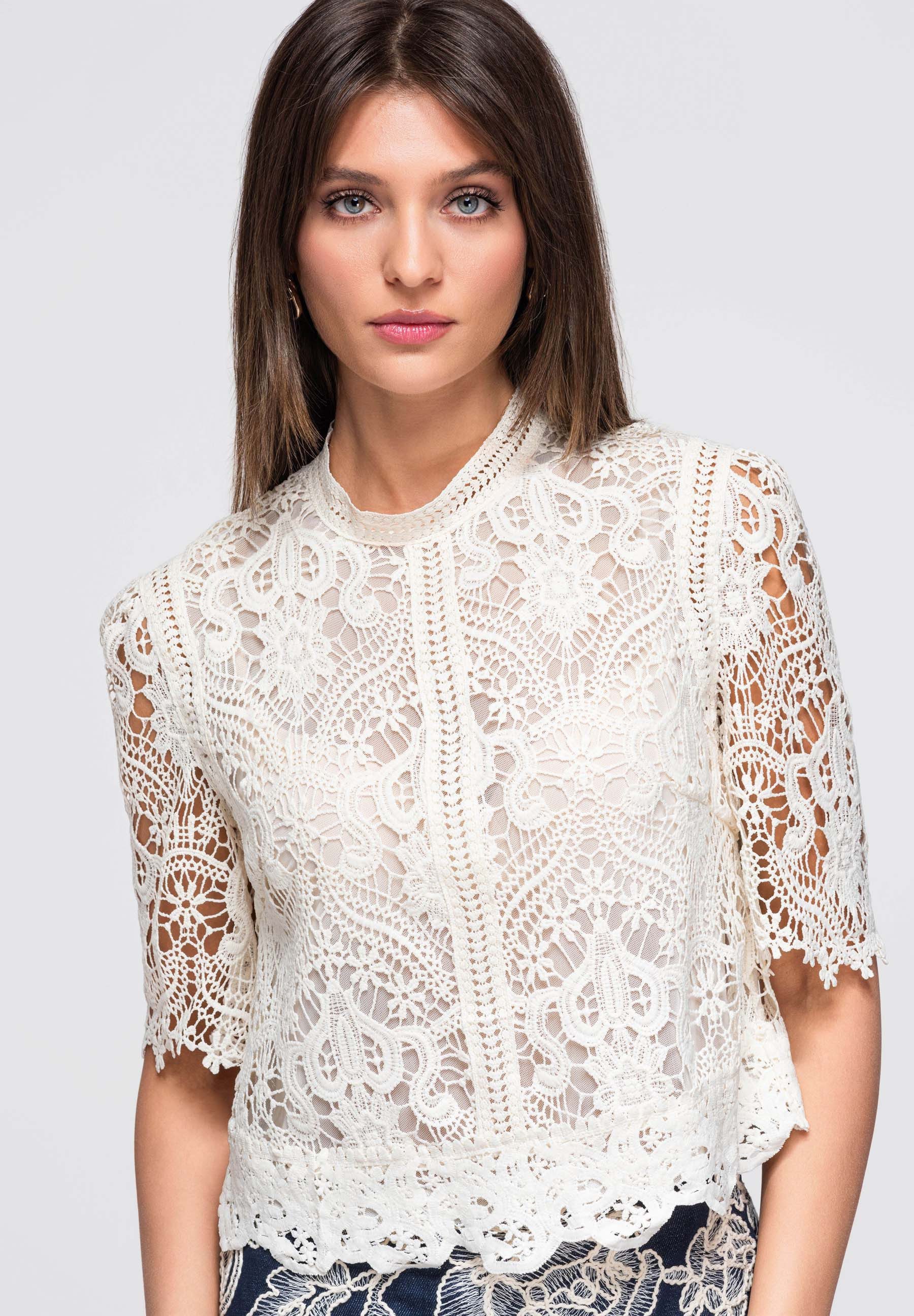 OMBRE Blusentop Damen Bluse mit transparenter Spitze Elegant Ecru S (kein Set, 1-tlg)