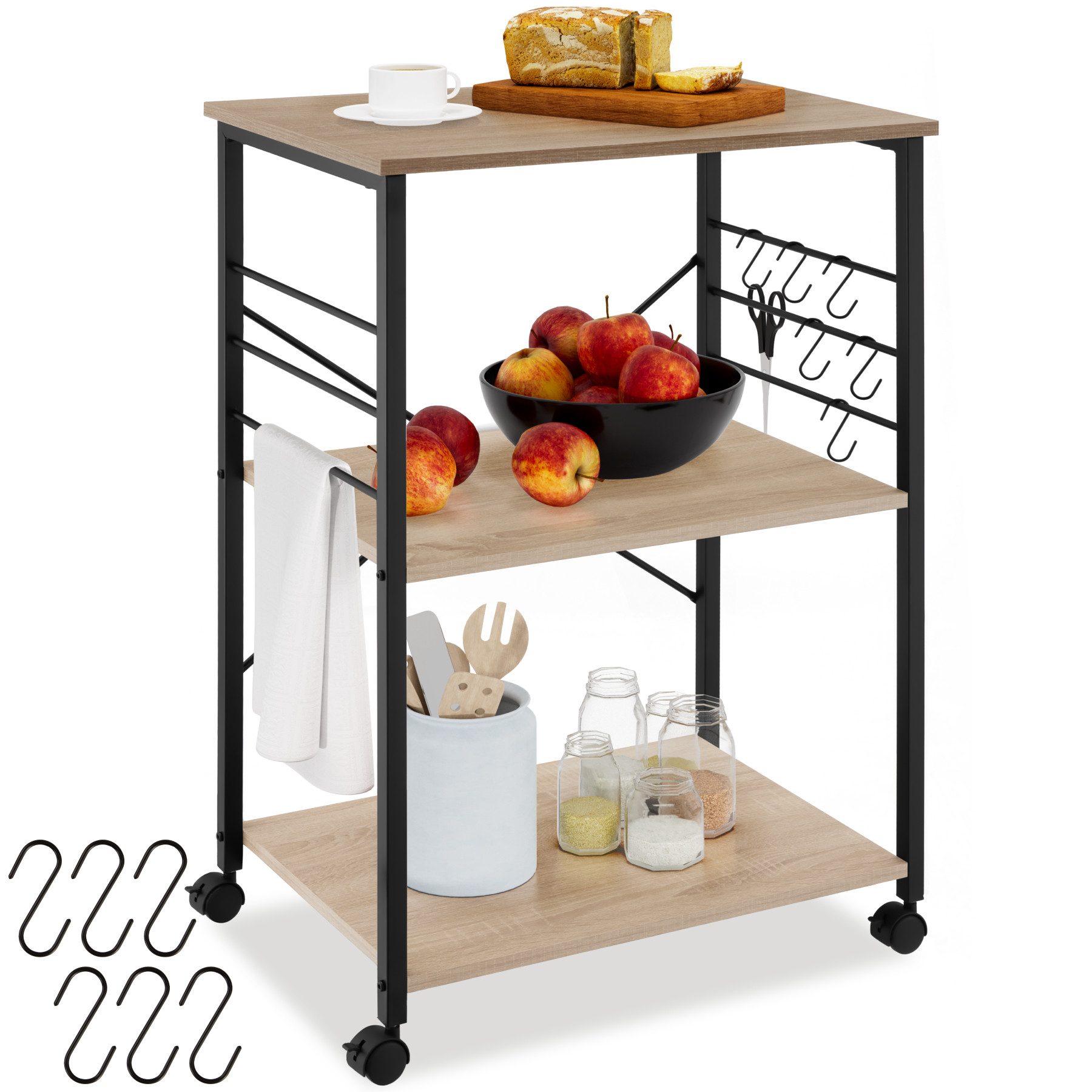 tectake Servierwagen Allzweckwagen inklusive 6 Haken, 65,5 x 45,5 x 88,5 cm, (Küchenregal mit Rollen Rugby, in Industrial Holz hell, Eiche …