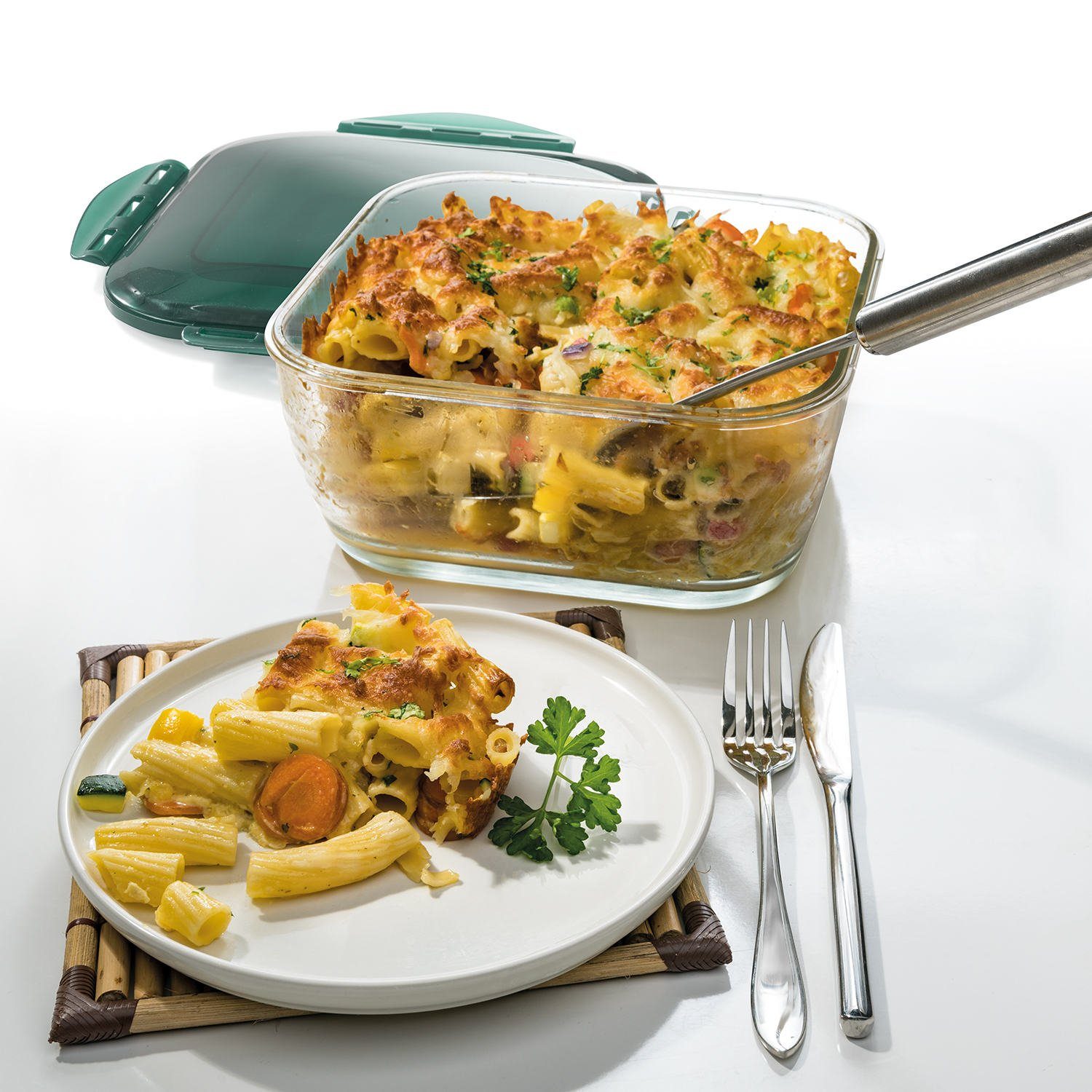 Genius Aufbewahrungsschüssel Genius Auffangbehälter Auflaufform Glasschüssel Set Nicer Dicer Chef, Material: Kunststoff, Glas, (Set besteht aus Glasschüssel, Deckel und Silikonmatte)