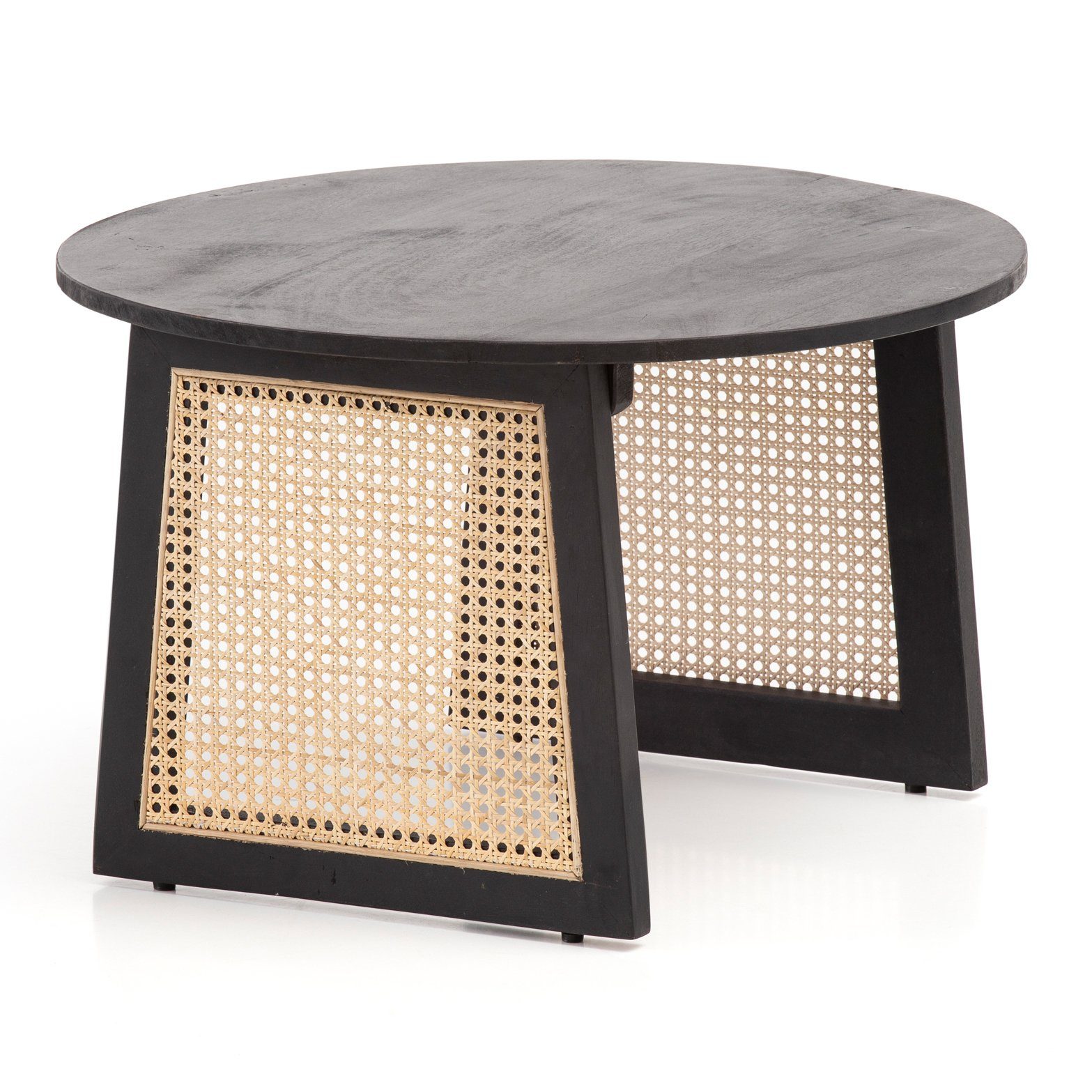 Wohnling Couchtisch WL6.834 (65x65x40 cm Sofatisch Mango Massivholz / Rattan), Wohnzimmertisch Wiener Geflecht, Schwarz Rund