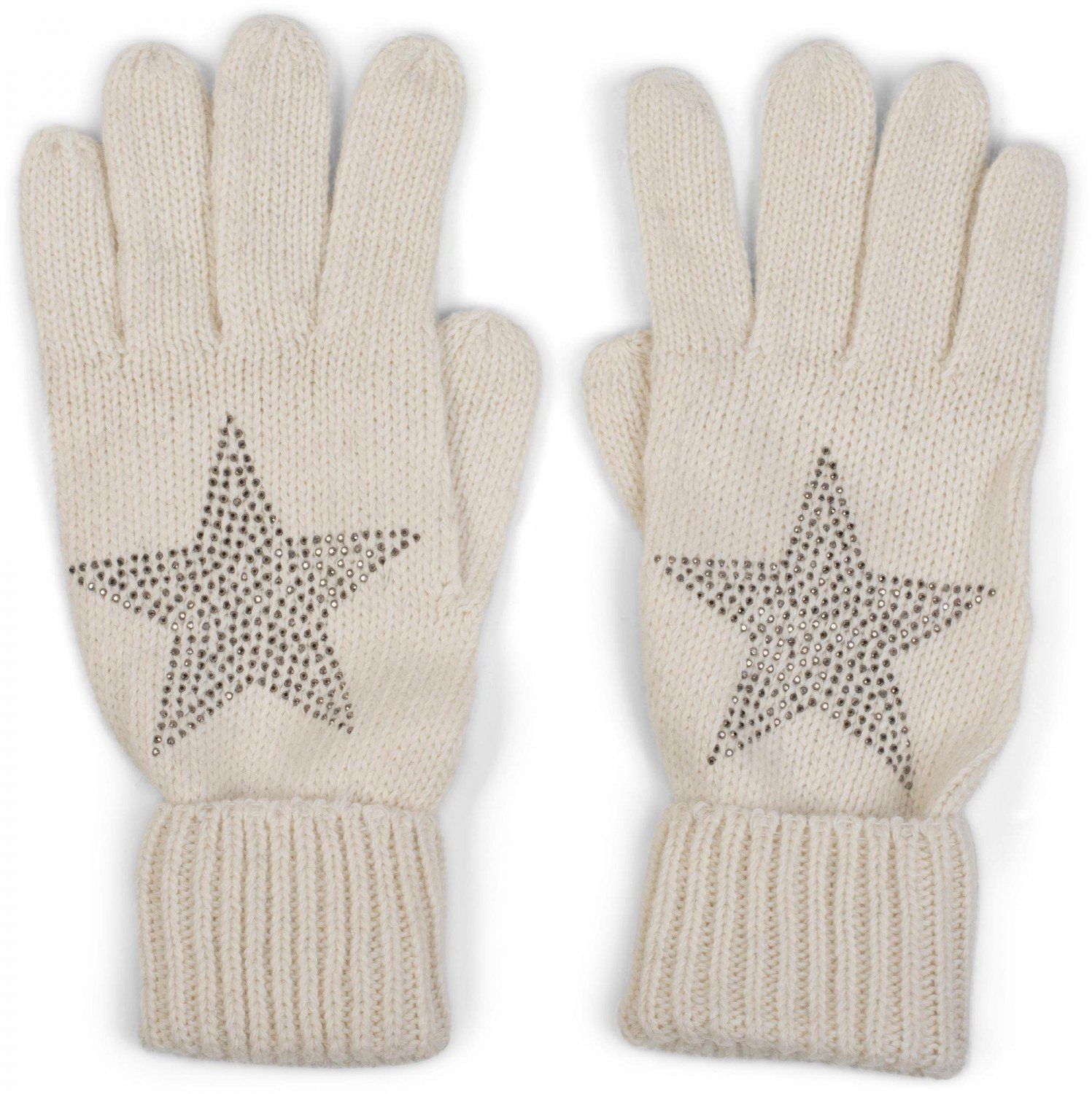 styleBREAKER Strickhandschuhe Strick Handschuhe mit Strass Creme-Weiß Stern