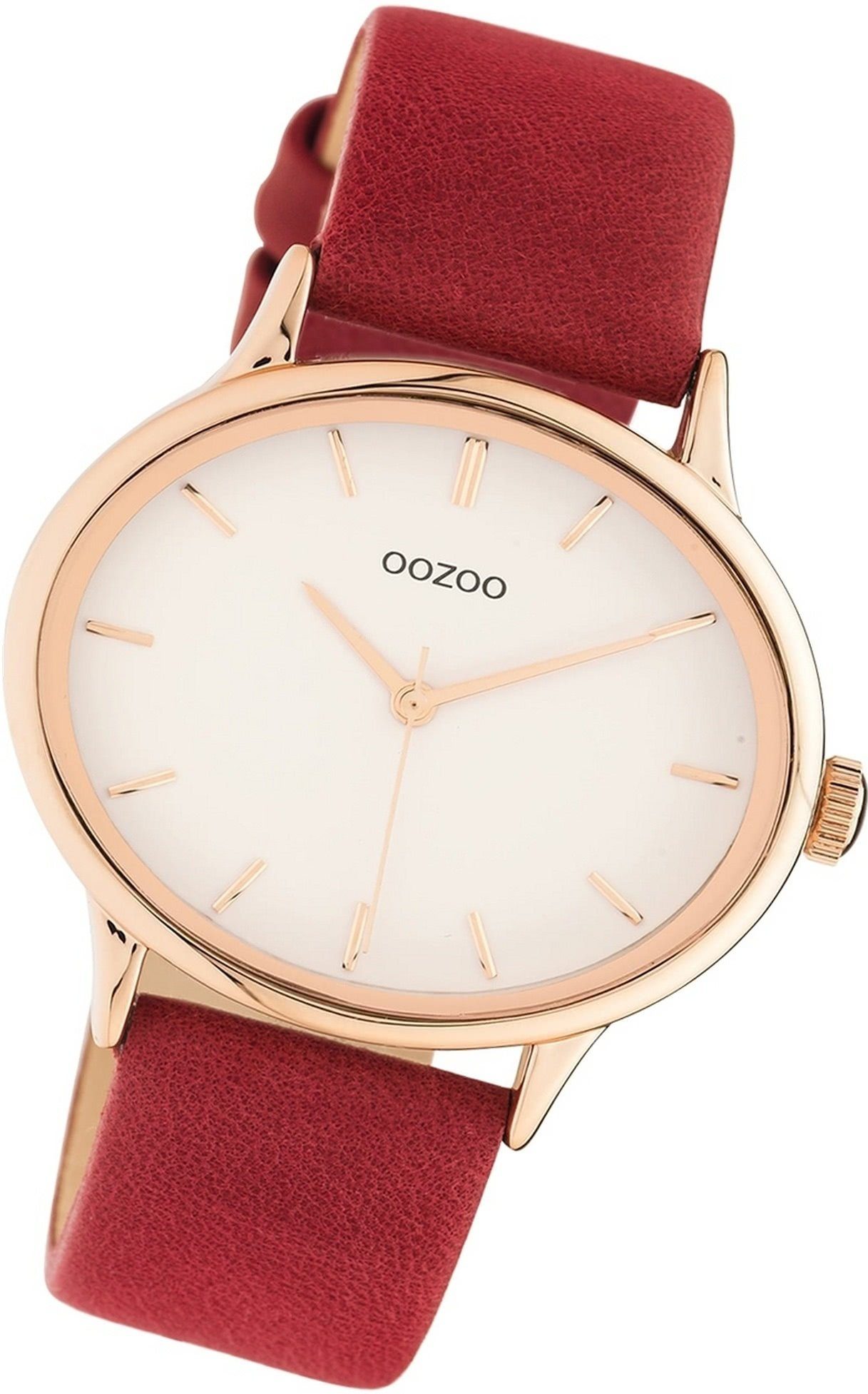 OOZOO Quarzuhr Oozoo Damen Armbanduhr Timepieces, Damenuhr Lederarmband rot, rundes Gehäuse, groß (ca. 42mm)