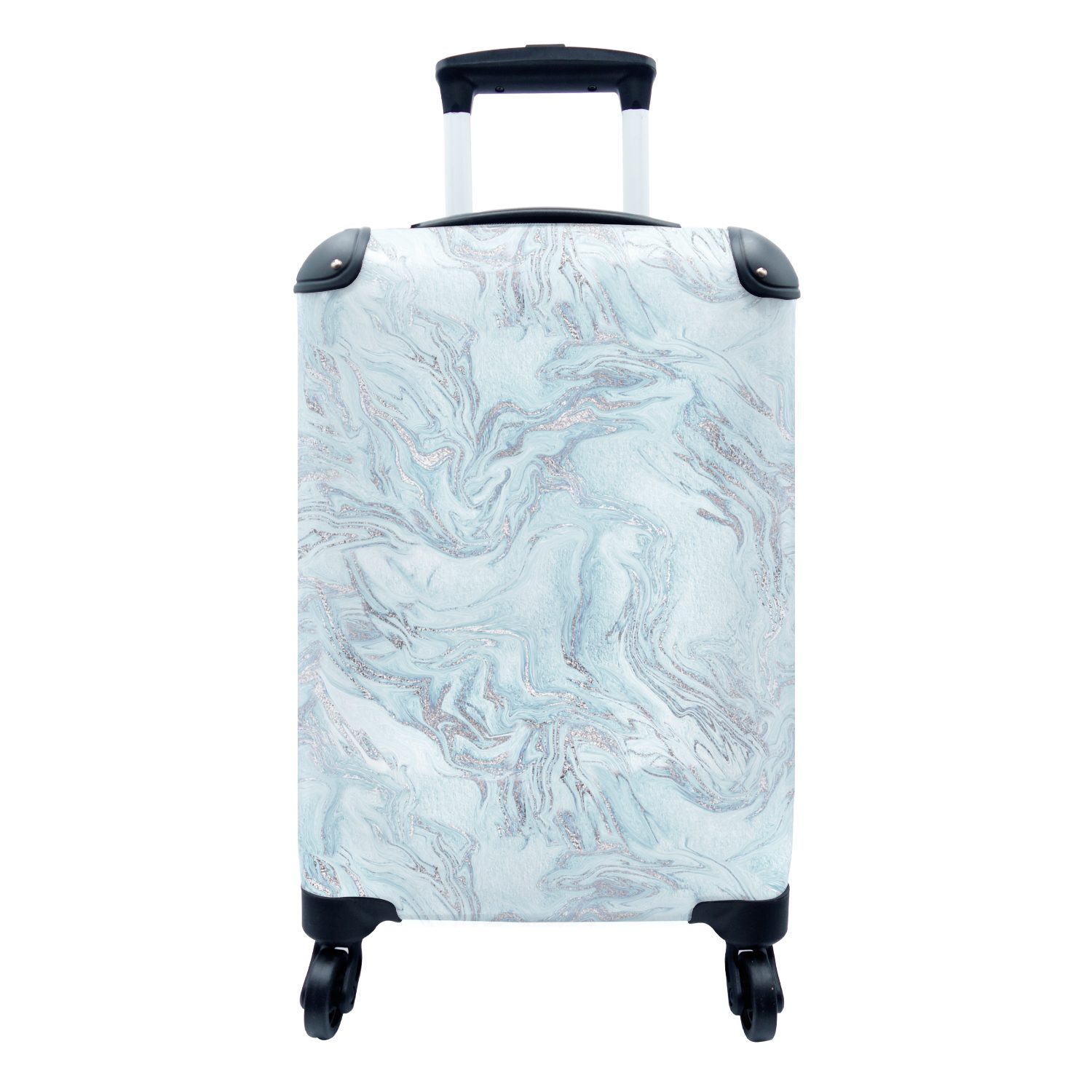 MuchoWow Handgepäckkoffer Silber - Blau - Marmor - Muster, 4 Rollen, Reisetasche mit rollen, Handgepäck für Ferien, Trolley, Reisekoffer
