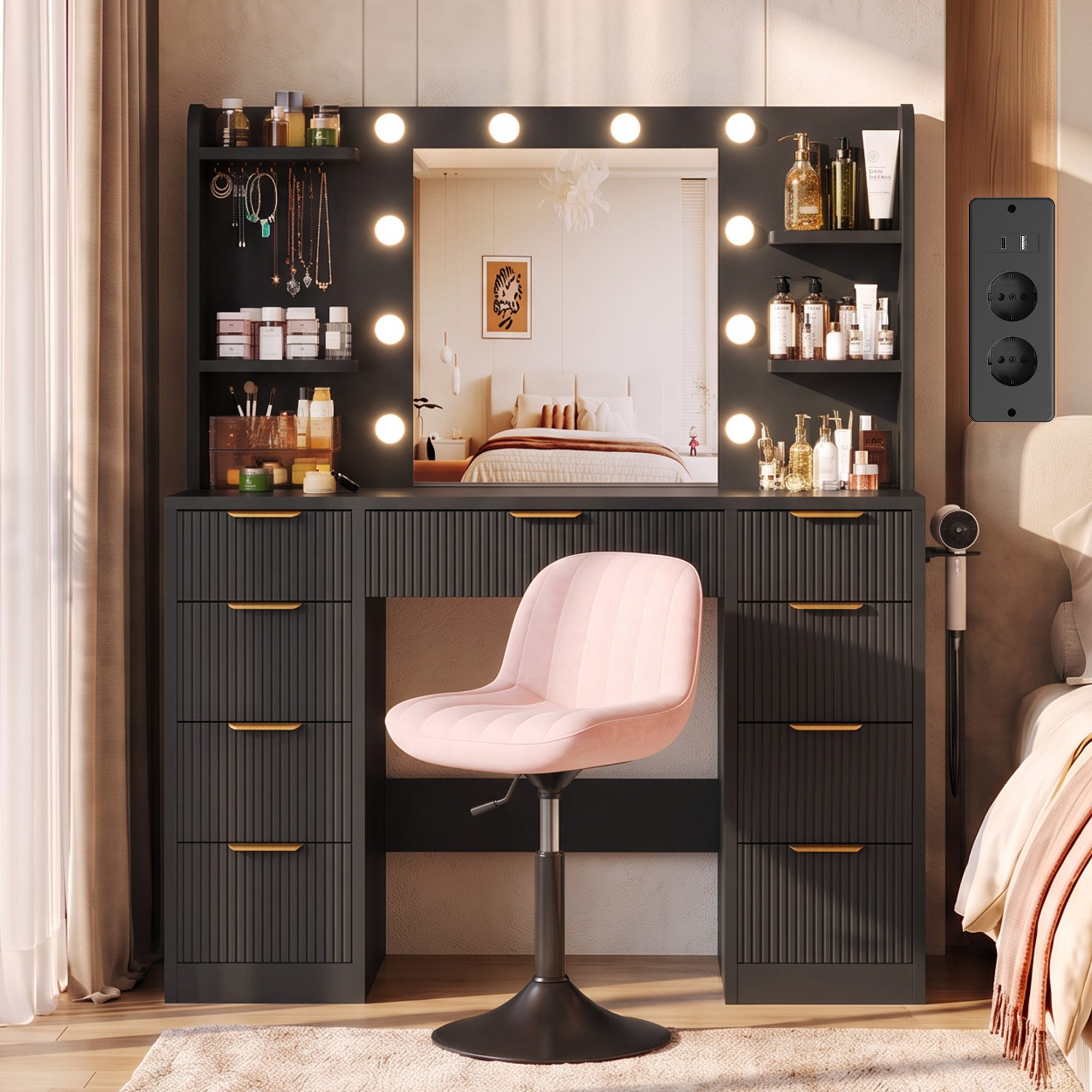 HOMALL Schminktisch LED-Beleuchtung für den Schminktisch, inklusive Hocker-Set (Maße: 108 × 40 × 137 cm, 6 offene Ablagefächer, mit Schmuckhaken, 9 Schubladen, ausgestattet mit 1 USB-Anschluss, 1 Ladeanschluss, 2 Steckdosen und 1 Föhnanschluss, weiß-schwarzer Schminktisch, Kinderschminktisch)