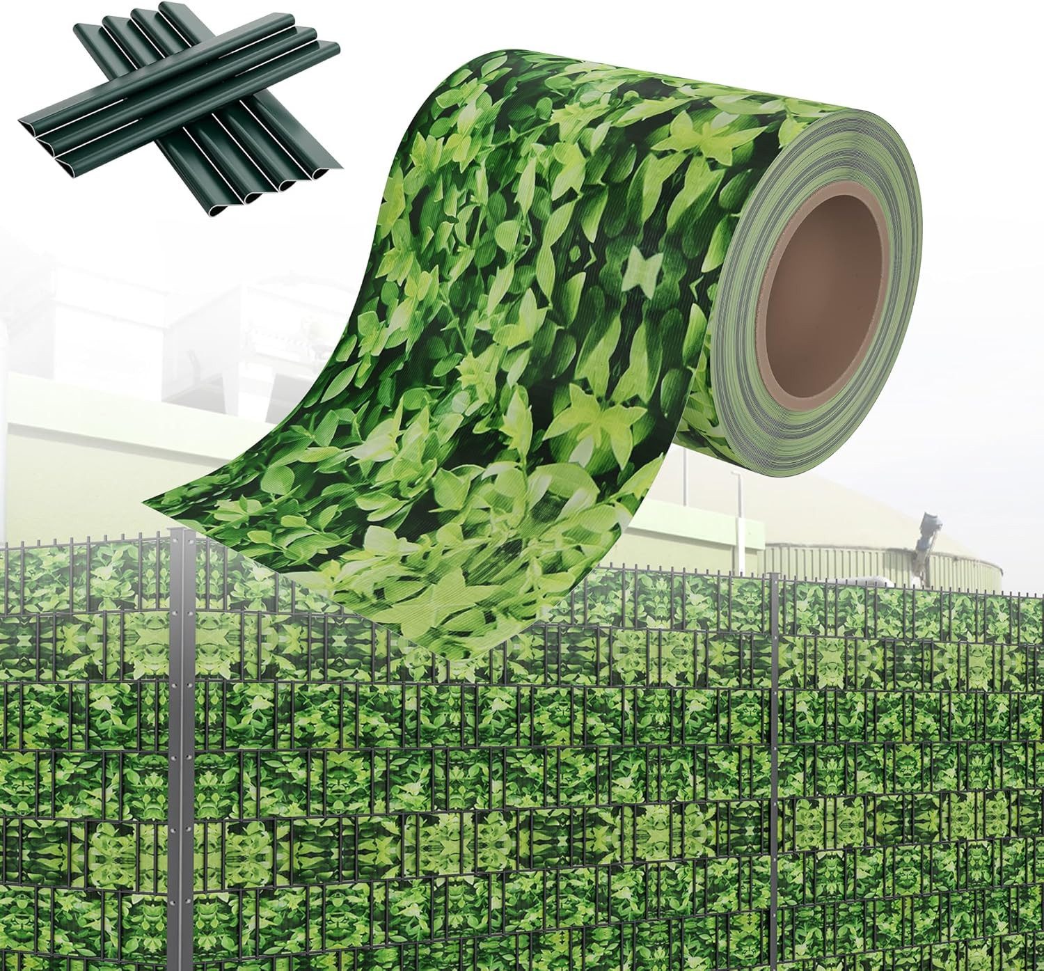 FIVMEN Sichtschutzstreifen PVC Sichtschutz Sichtschutzfolie Doppelstabmatten Zaun, Kleine Blätter, 35m Lang 19 cm Hoch mit Befestigungsclipse Gartenzaun Windschutz