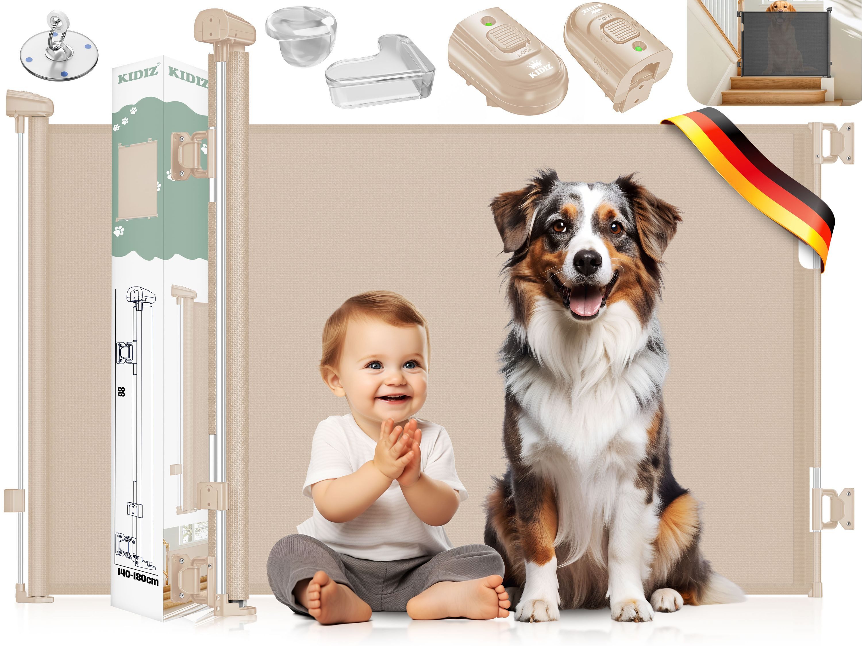 KIDIZ Türschutzgitter Treppenschutzgitter ausziehbar bis 140cm für Kinder, Babys & Haustiere (Schutzgitter für Treppen & Türen inkl. Bodenanker & Montagezubehör), Raumtrennung Absperrgitter kindersicheres Treppengitter