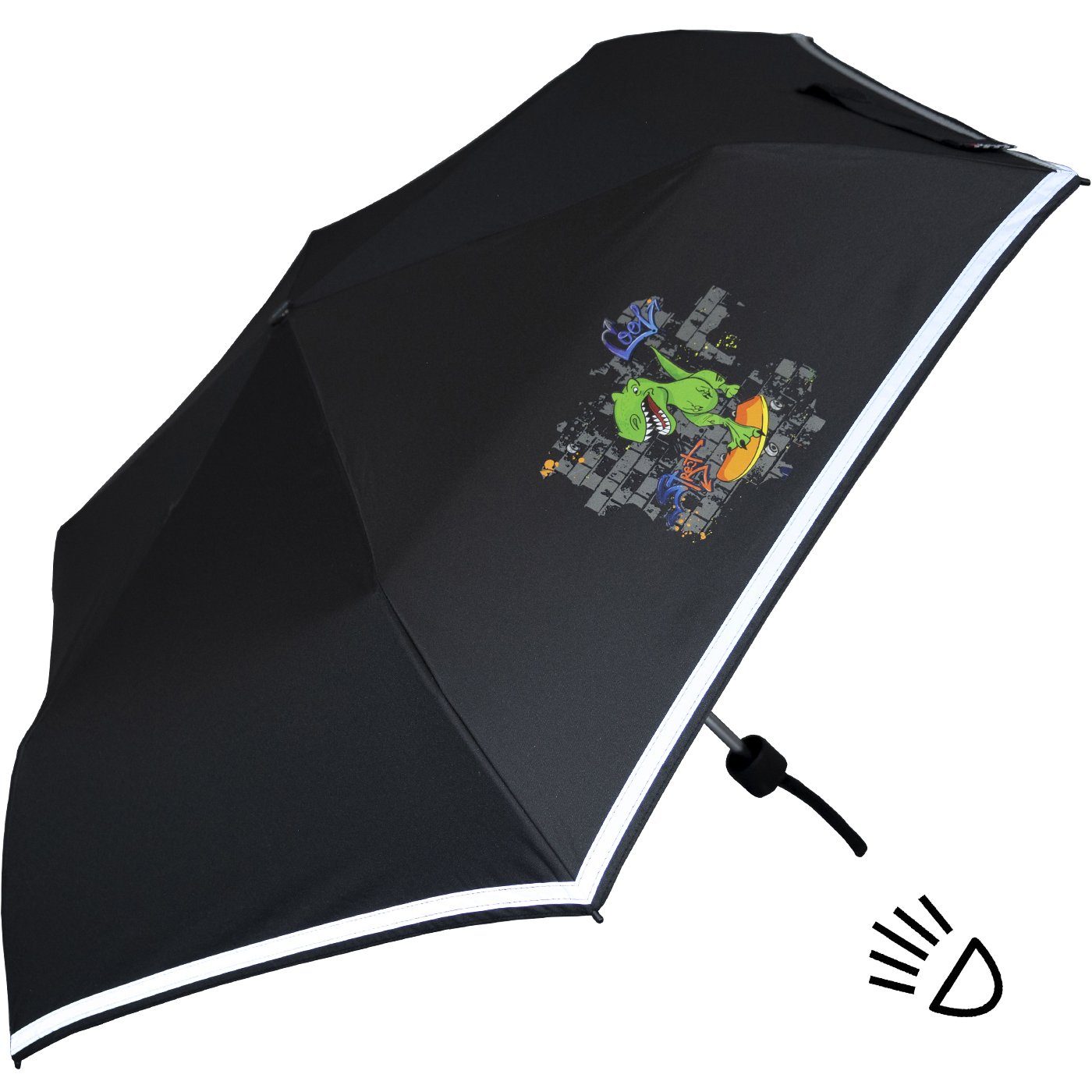 Knirps® Taschenregenschirm Kinderschirm 4Kids reflective mit Reflexborte, Sicherheit auf dem Schulweg, Dinosaurier T-Rex