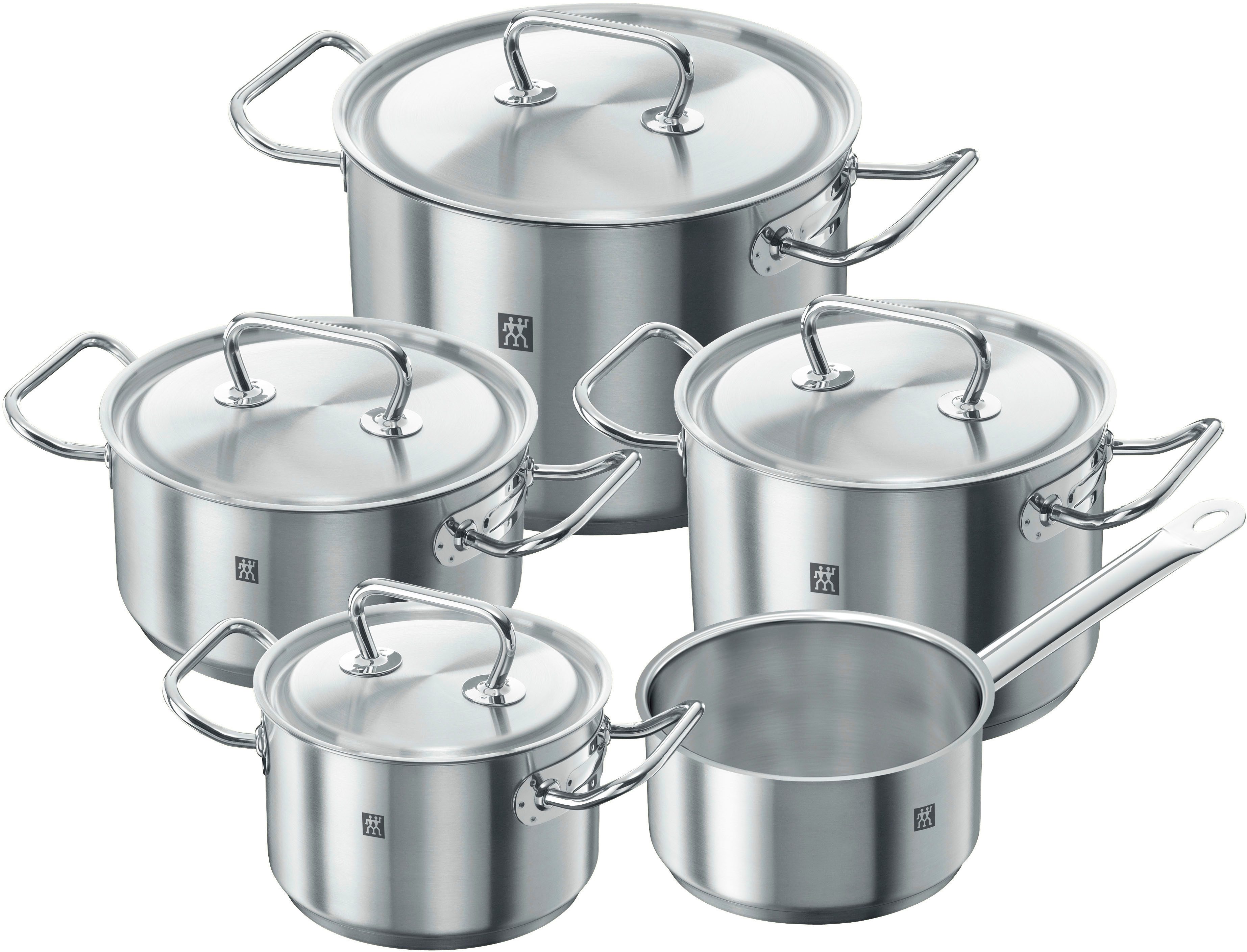 Zwilling Topf-Set Classic, Edelstahl 18/10 (Set, 9-tlg., Bratentopf 20 cm, je 1 Kochtopf 16/20/24 cm, Stieltopf 16 cm), Sandwichboden, sehr gute Wärmeverteilung, Stay-Cool-Griffe