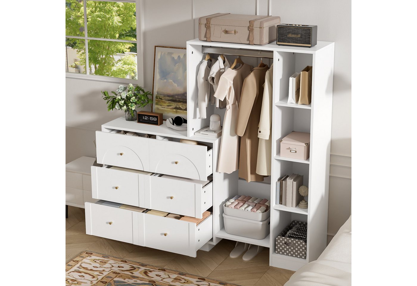 Odikalo Kleiderschrank Schrank Schlafzimmerschrank Kommode mit Schubladen Seitenregalen (Moderner Mehrzweck-Kleiderschrank, offene Garderobe mit Kleiderstange 6 Schubladen und Seitenregalen Schlafzimmer-Aufbewahrungsschrank 139 × 35 × 133 cm)