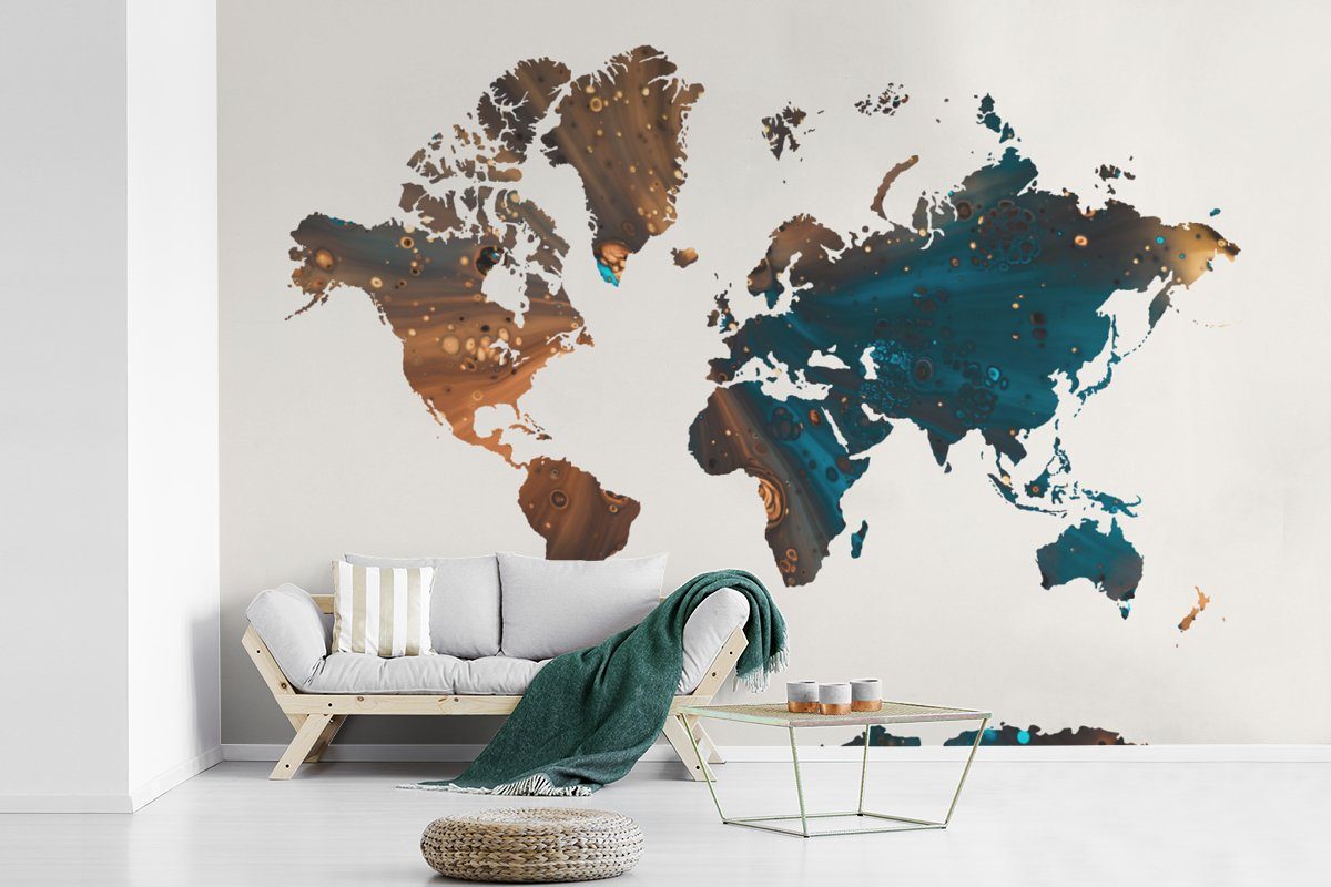 Weltkarte St), Kinderzimmer, MuchoWow - Matt, Wohnzimmer, - Blau Vinyl Wallpaper für Farbe, Tapete bedruckt, (6 Schlafzimmer, Fototapete