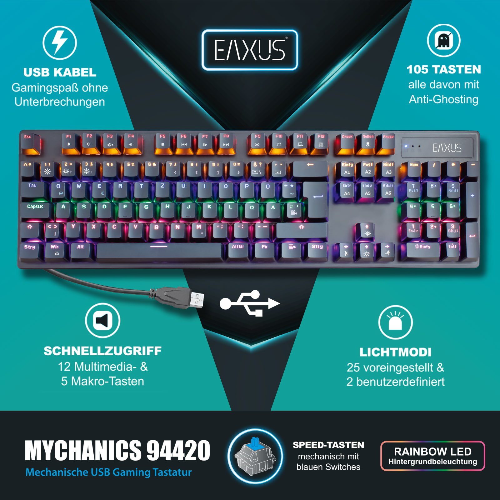 EAXUS Mechanische Gaming Tastatur + Ergonon Vertikale Hochkantmaus Tastatur- und Maus-Set, (Set aus Tastatur + Maus), ergonomische Maus