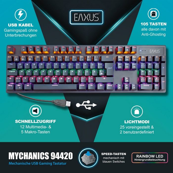 EAXUS Mechanische USB Tastatur Mychanics 94420 PC-Tastatur (Blue Switches LED-Beleuchtung programmierbare Makro-Funktion)